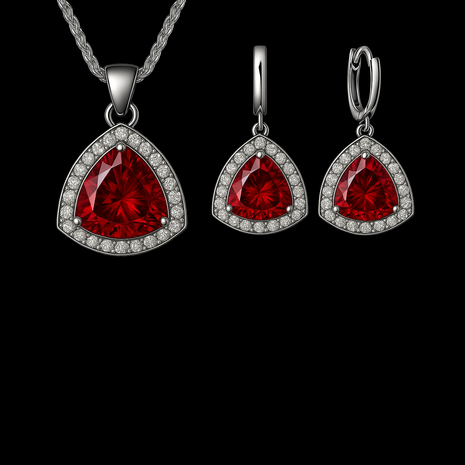 Trillion Cut Red Gemstone Halo Sterling Silver Jewellery Set- Necklace and Earrings