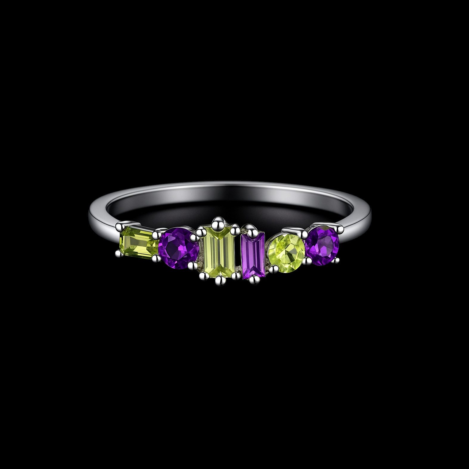 Rectangular and Round Cut Amethyst & Peridot Sterling Silver Ring