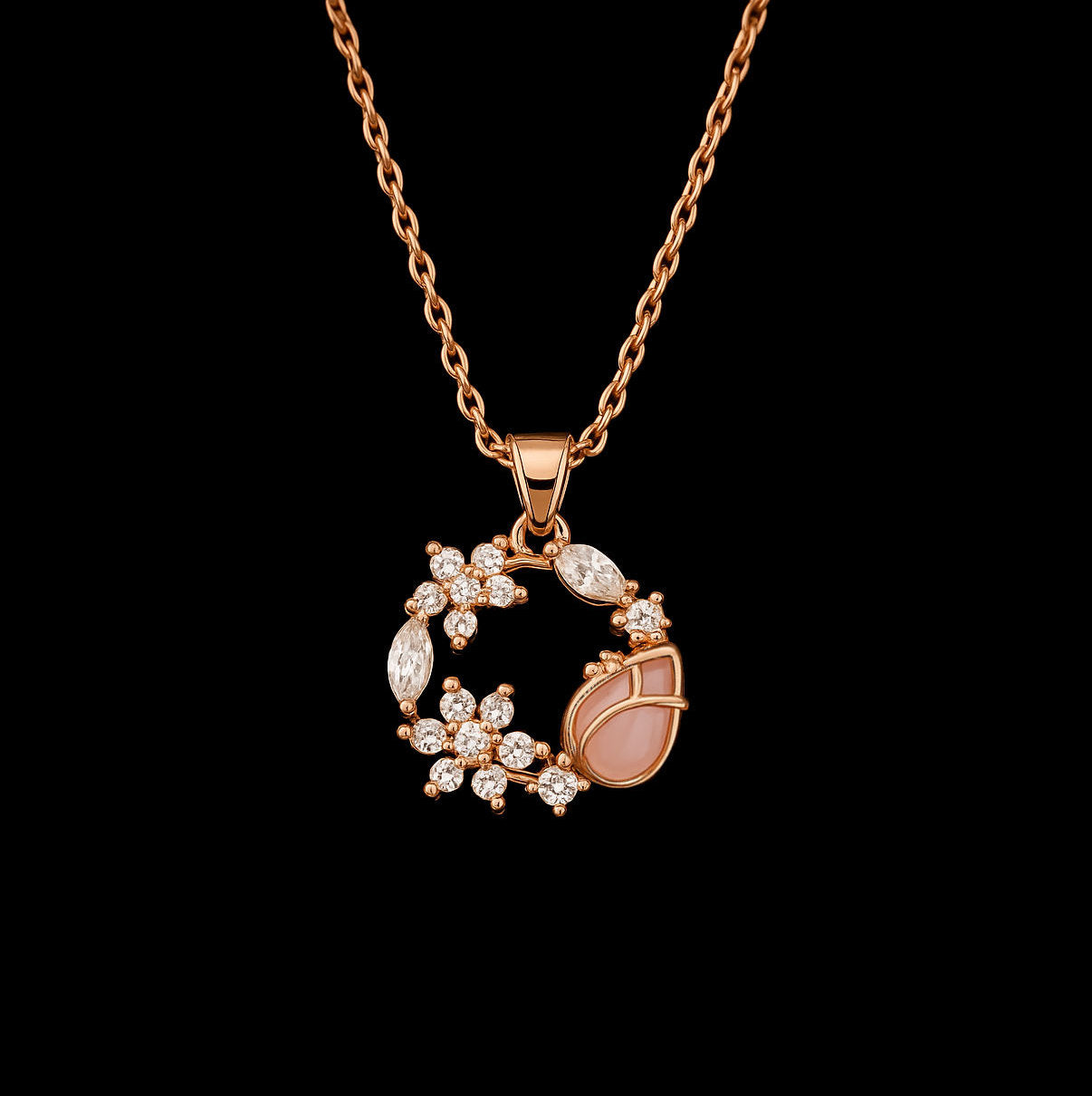 Stunning Pink Amethyst Tulip and Moissanite Floral Rose Gold Necklace