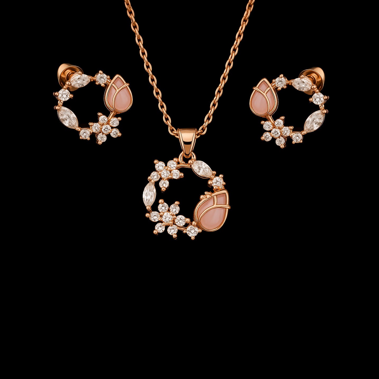 Stunning 2 Piece Pink Amethyst Tulip and Moissanite Floral Rose Gold Set