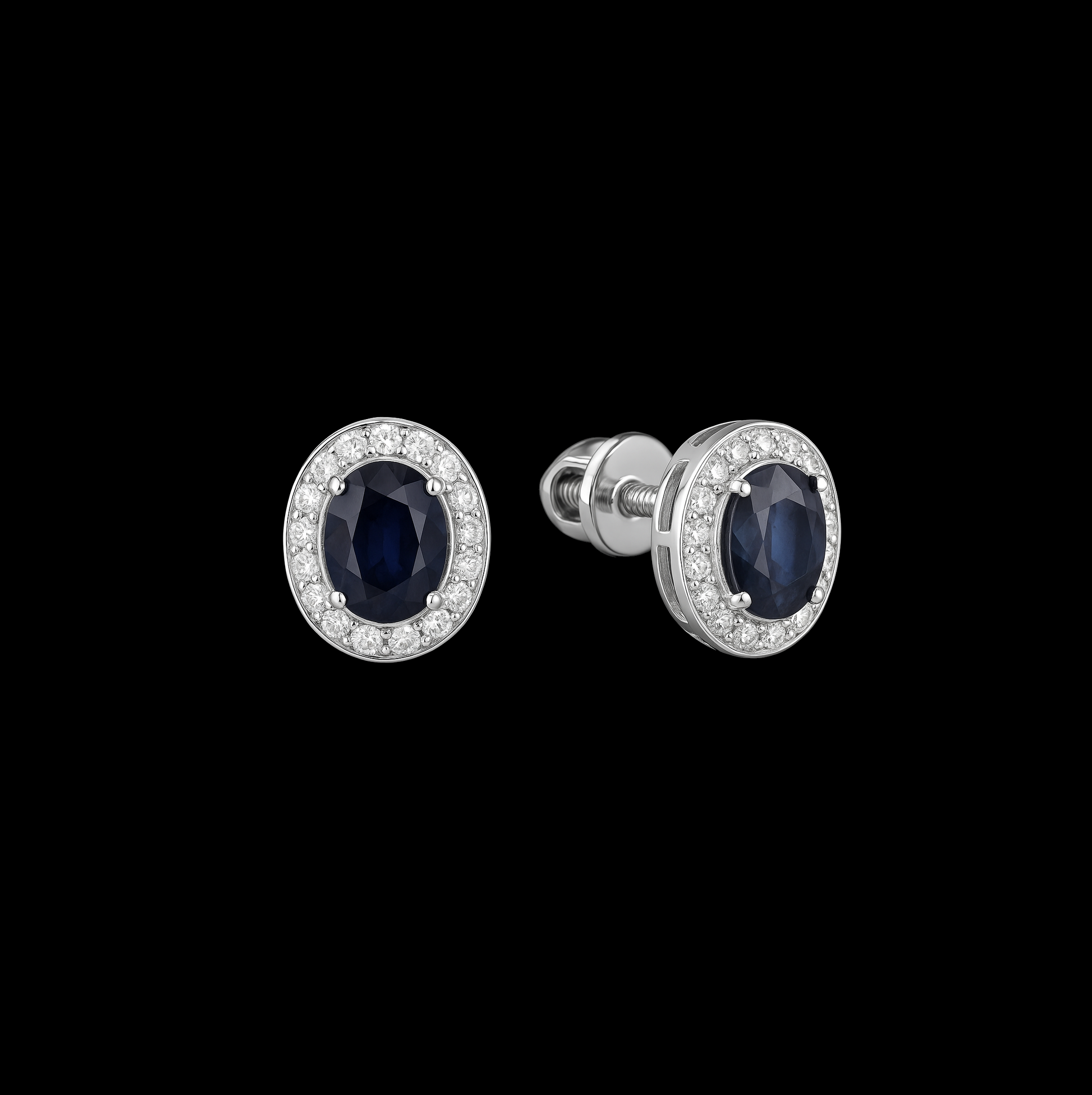 Oval Cut Sapphire with Diamond Halo 14K White Gold Earrings - Screw Clasp