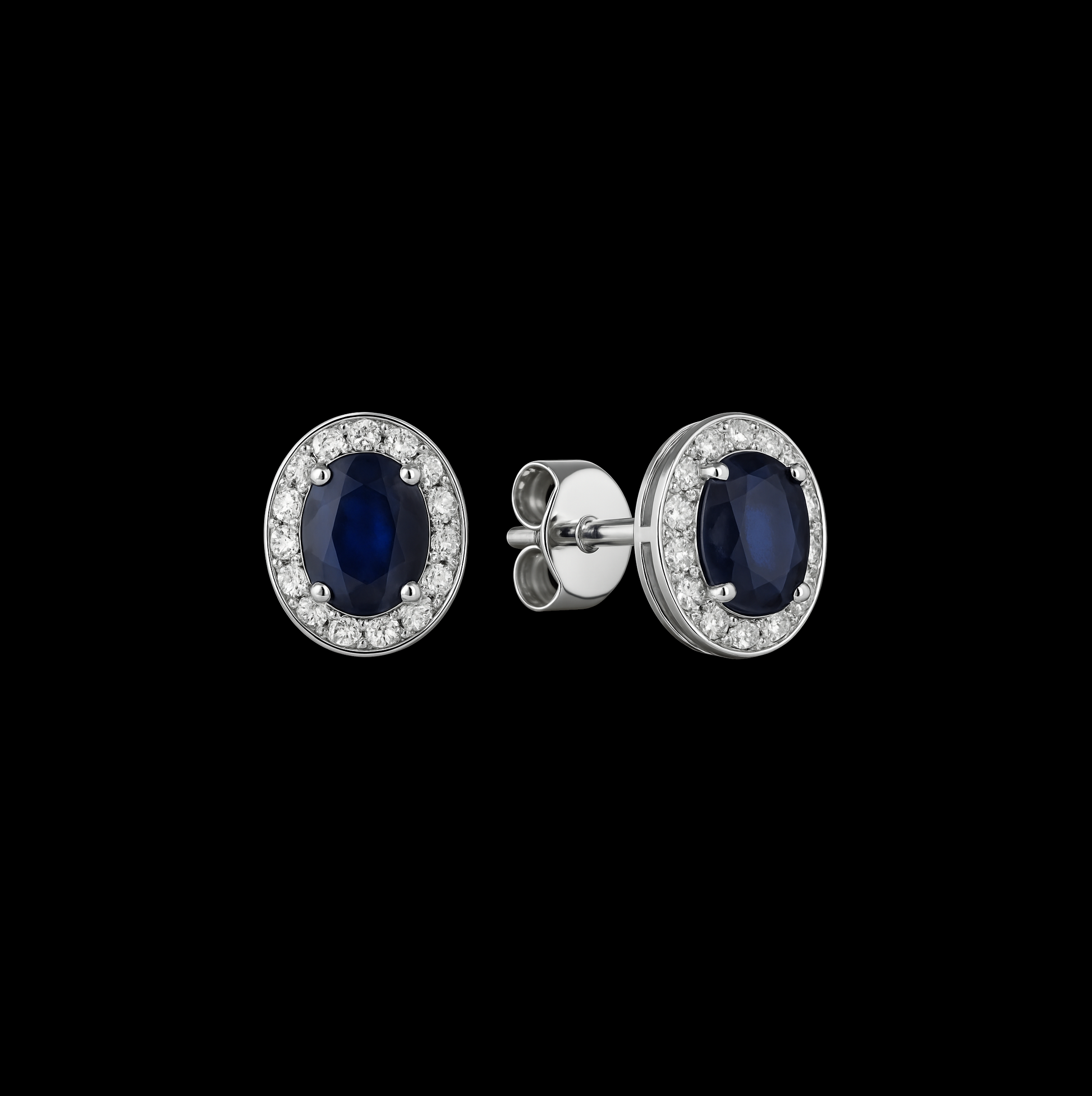 Oval Cut Sapphire with Diamond Halo 14K White Gold Earrings - Butterfly Clasp