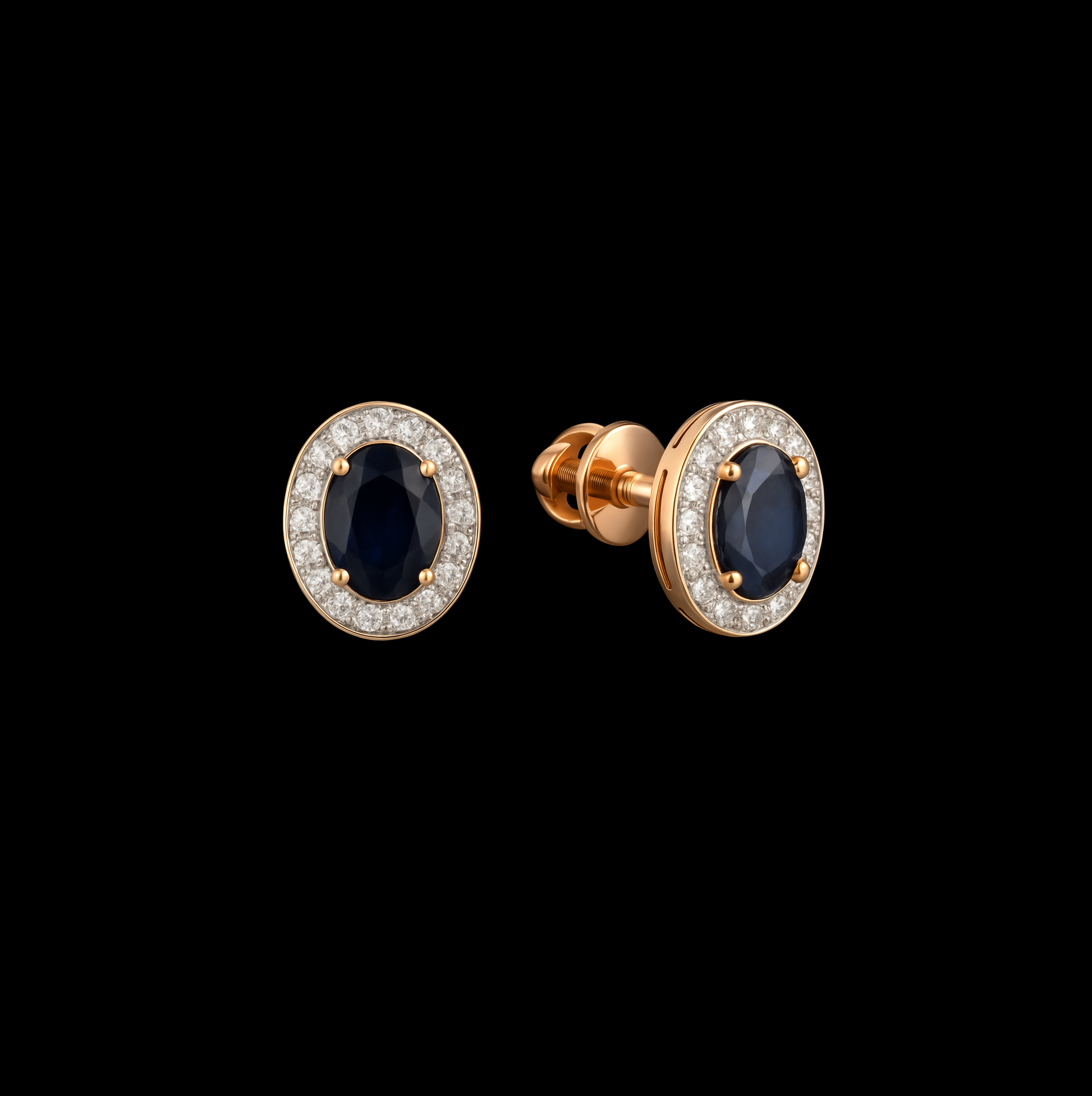 Oval Cut Sapphire with Diamond Halo 14K Rose Gold Earrings - Screw Clasp