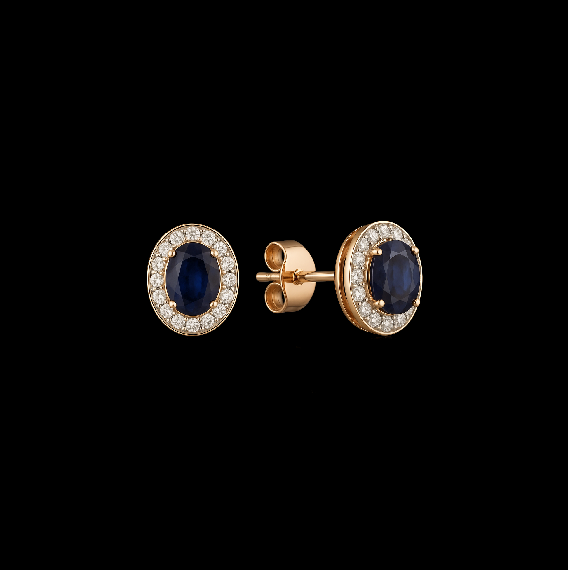 Oval Cut Sapphire with Diamond Halo 14K Rose Gold Earrings - Butterfly Clasp