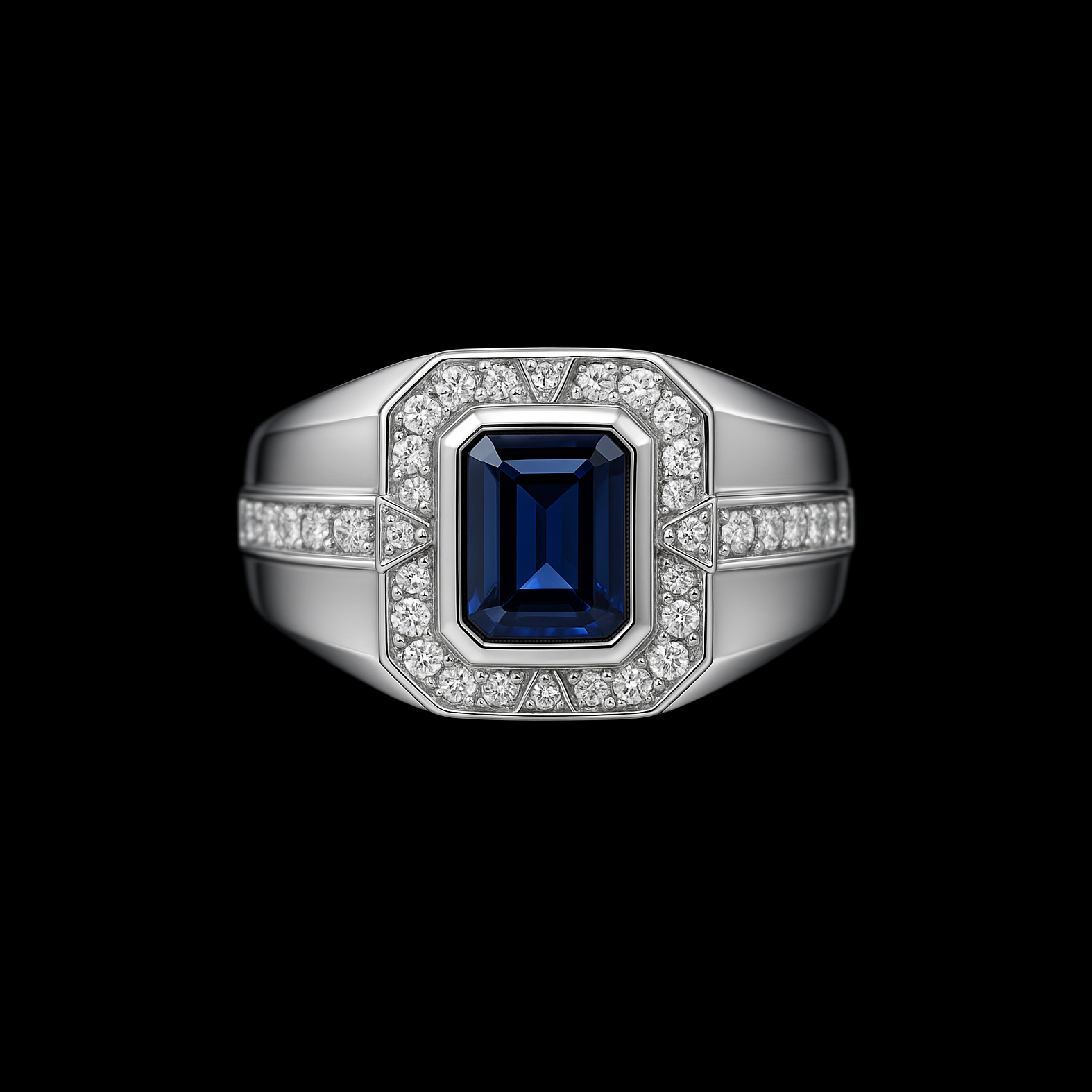 1.5Ct Rectangle Cut Blue Sapphire with White Sapphire Ornate Halo and Pave Sterling Silver Ring