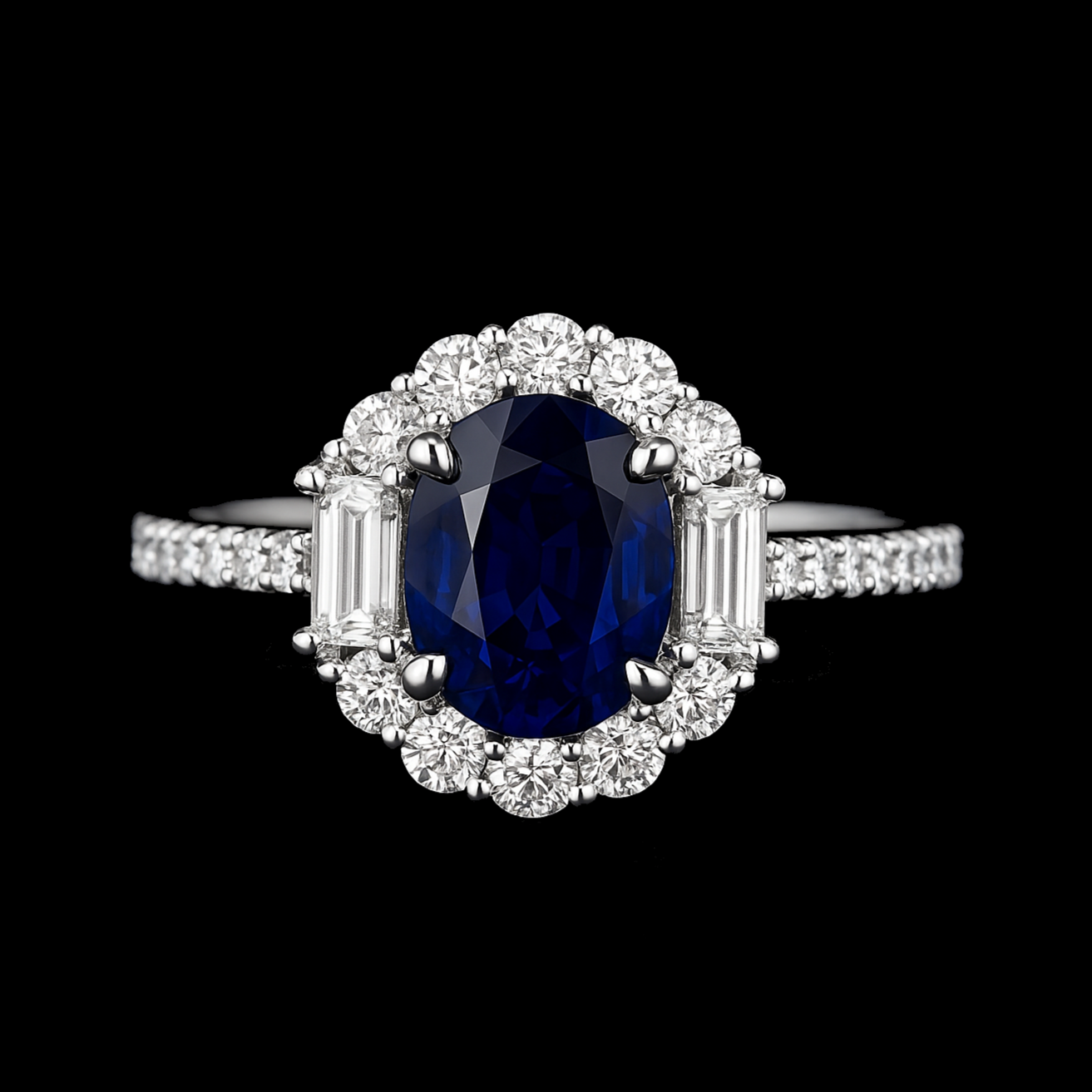 1.5Ct Oval Cut Sapphire with Round Cut Halo Pave Sterling Silver Ring