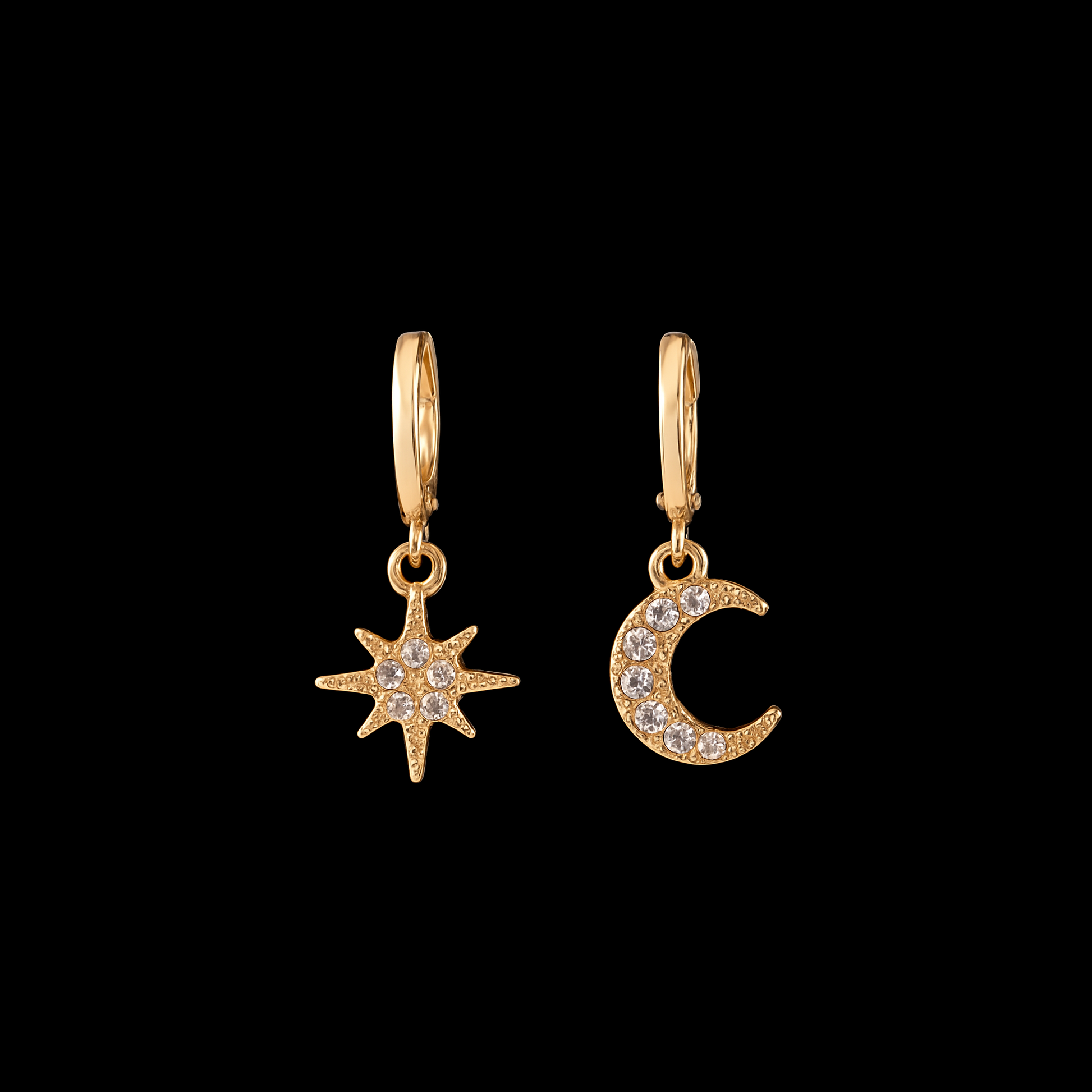 Gold Star and Moon Moissanite Diamond Gold Earrings