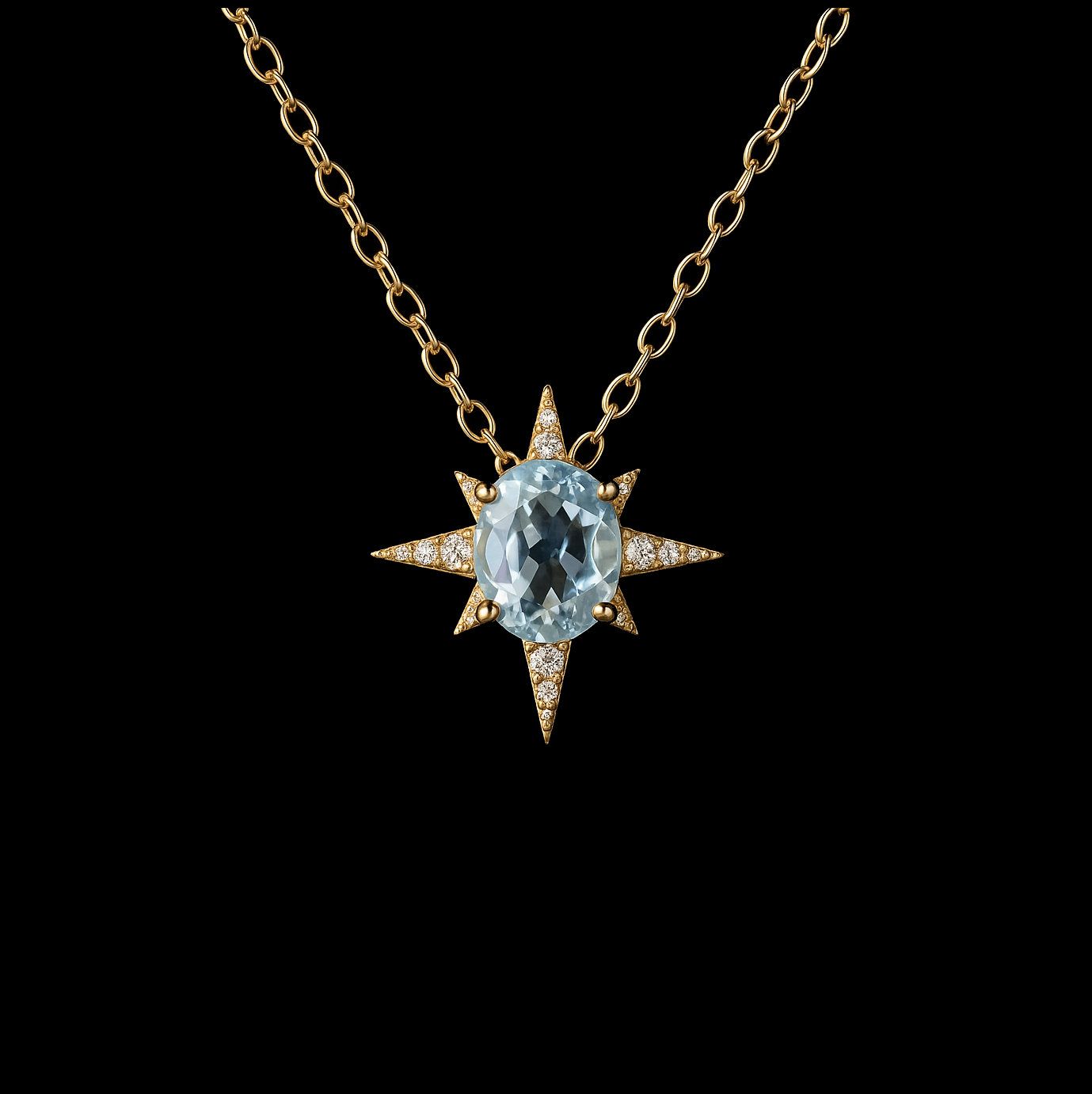 Oval Cut Blue Topaz 6 Point Star Moissanite Gold Pendant Necklace