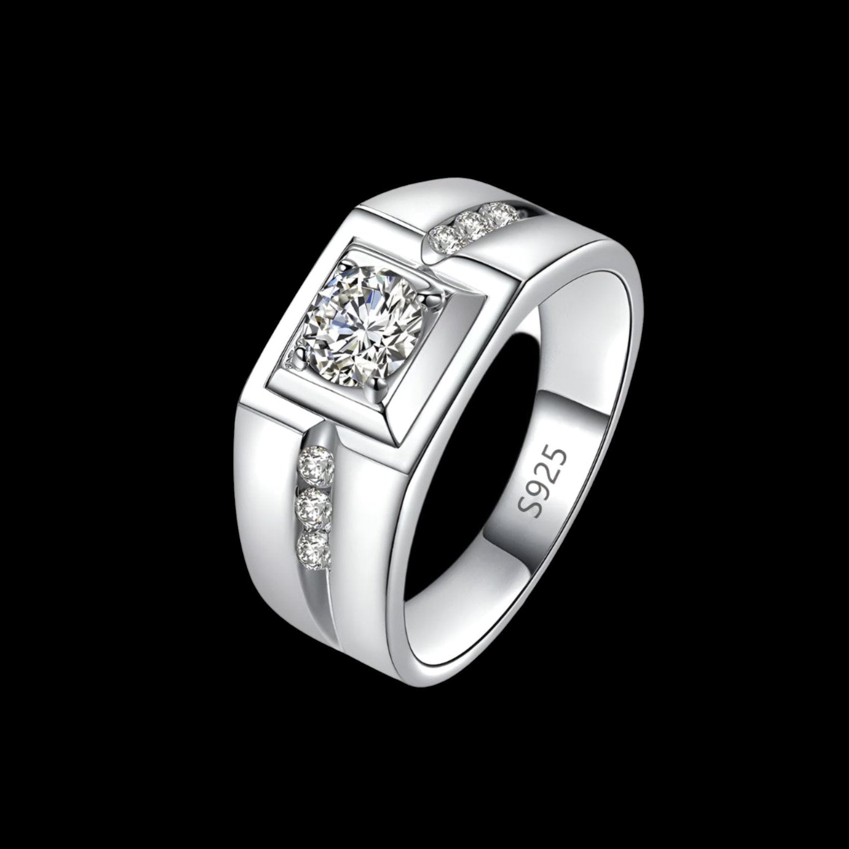 Round Cut Moissanite Diamond Vertical Channel Sterling Silver Groom's Wedding  Ring