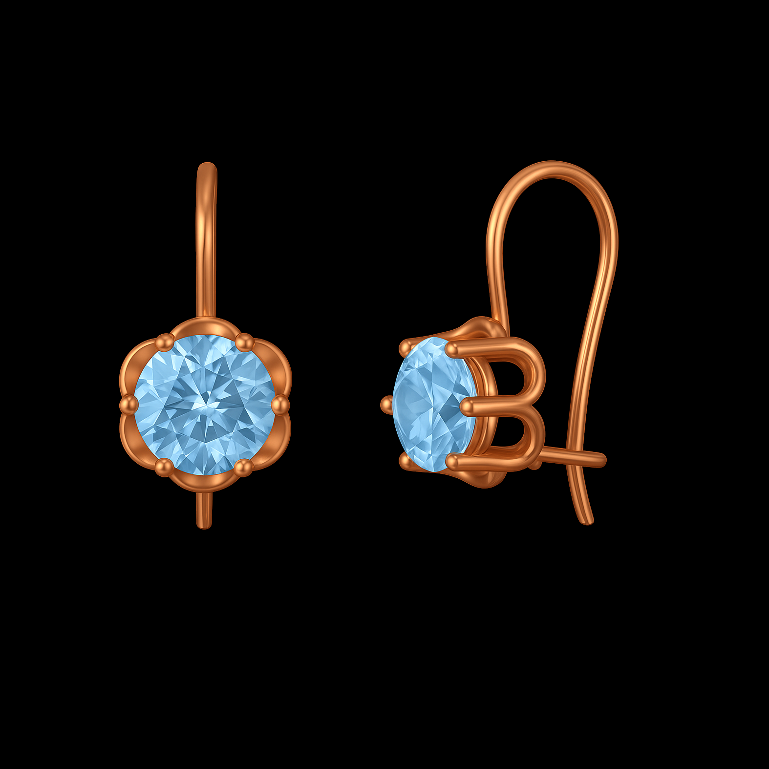 Round Cut Sky Blue Topaz Rose Gold Flower Earrings