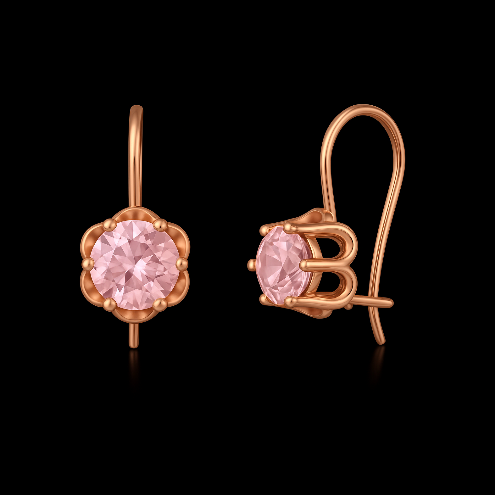 Round Cut Pink Sapphire Rose Gold Flower Earrings