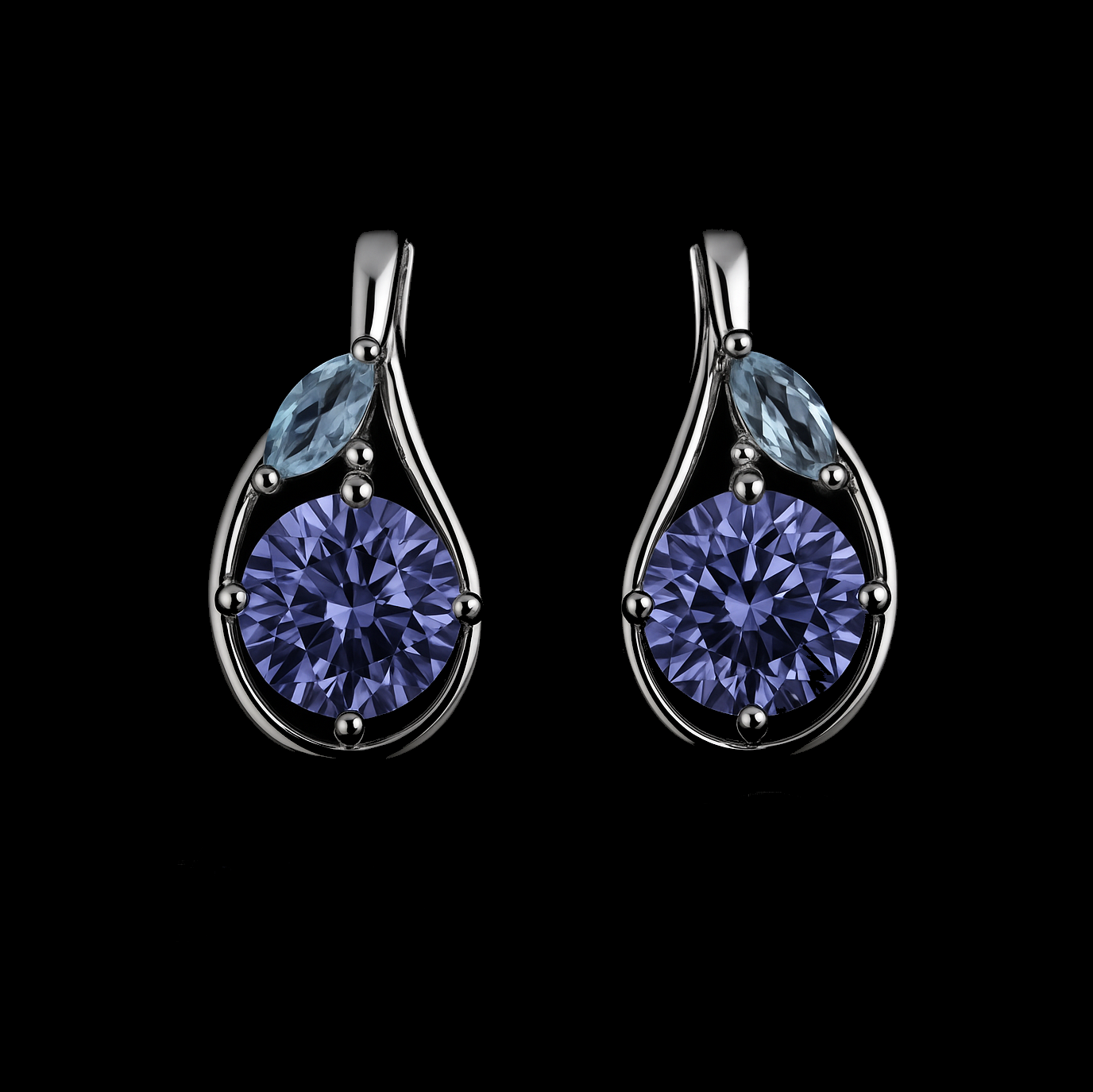 4.6Cts Round Cut Blue Tanzinite and Marquise Cut Blue Spinel Sterling Silver Earrings
