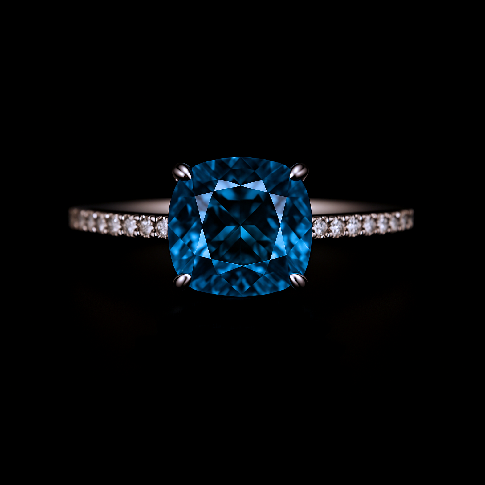 1.2Ct Cushion Cut Blue London Topaz with Moissanite Diamond Pave Sterling Silver Ring