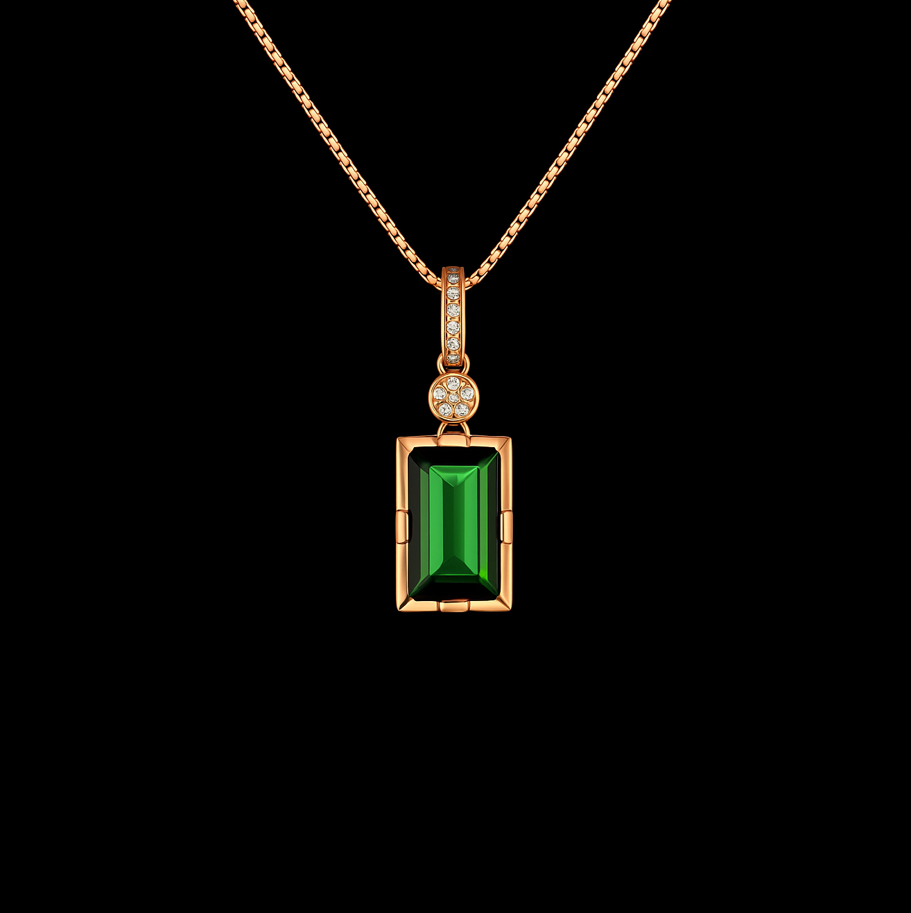 Cut Emerald and Moissanite and 14k Rose Gold Pendant Necklace
