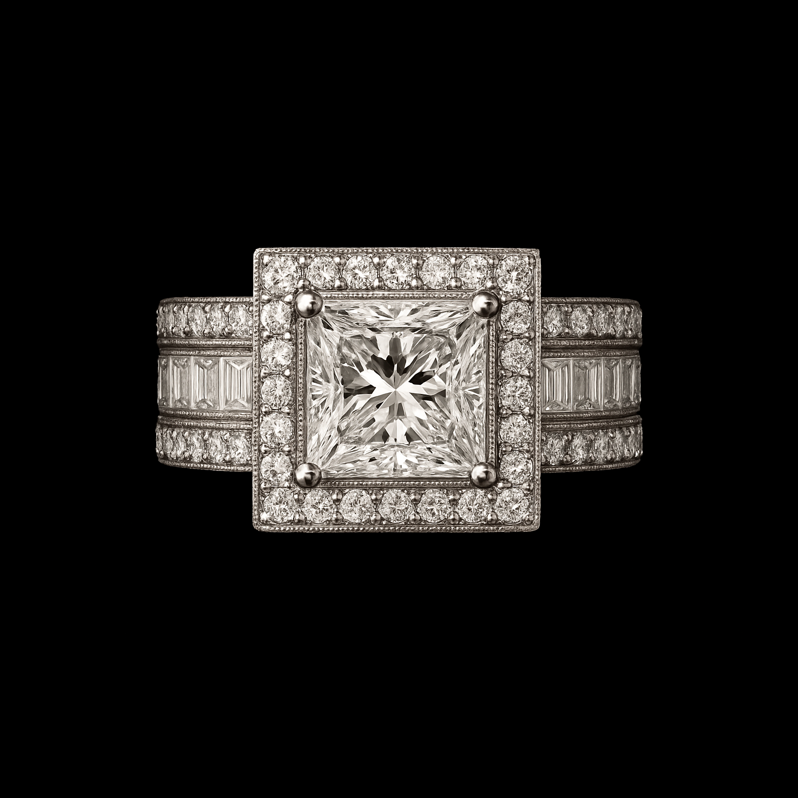 Stunning Princess Cut Moissanite Diamond Halo  and Channel Tri-Pare Sterling Silver Engagement Ring