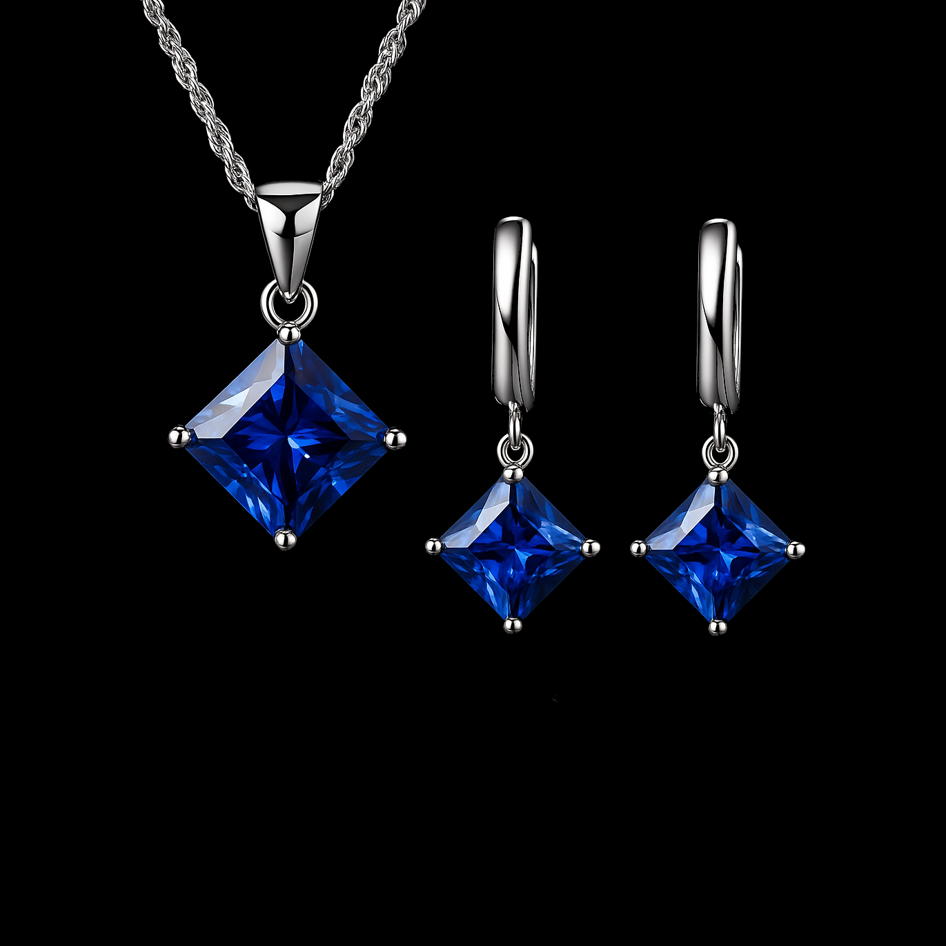 Princess Cut Blue Gemstone Sterling Silver Jewellery Set- Earrings and Necklace