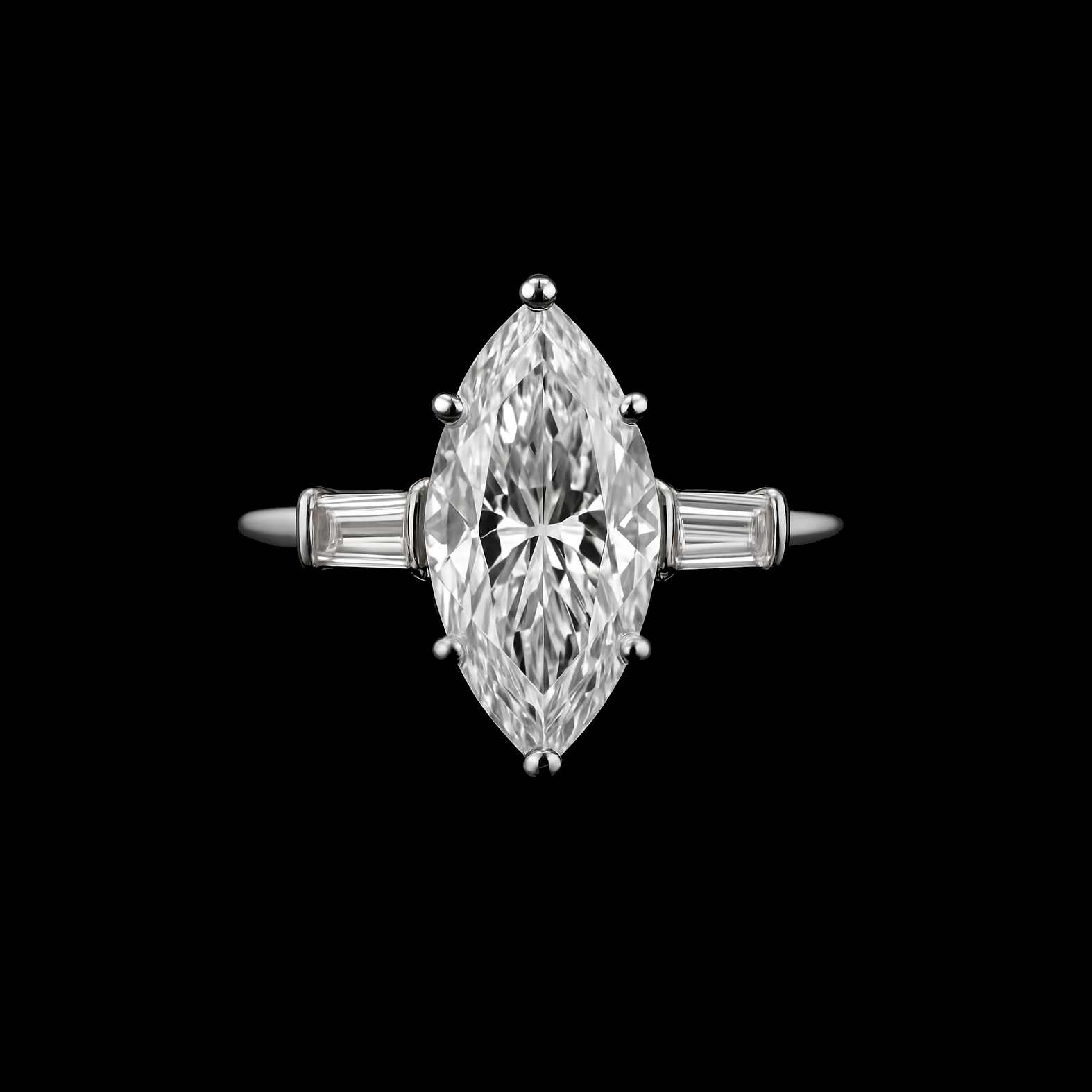 2.5ct Marquise Cut with Baquette Shoulder D Moissanite Diamond Sterling Silver Engagement Ring