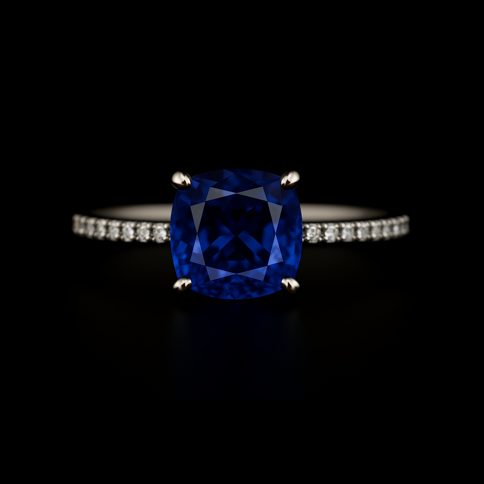 1.2Ct Cushion Cut Blue Sapphire with Moissanite Diamond Pave Sterling Silver Ring