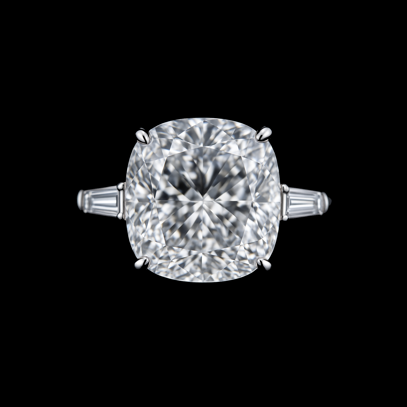 3ct Cushion Cut D Moissanite Diamond with Baguette Shoulder Stones Sterling Silver Engagement Ring
