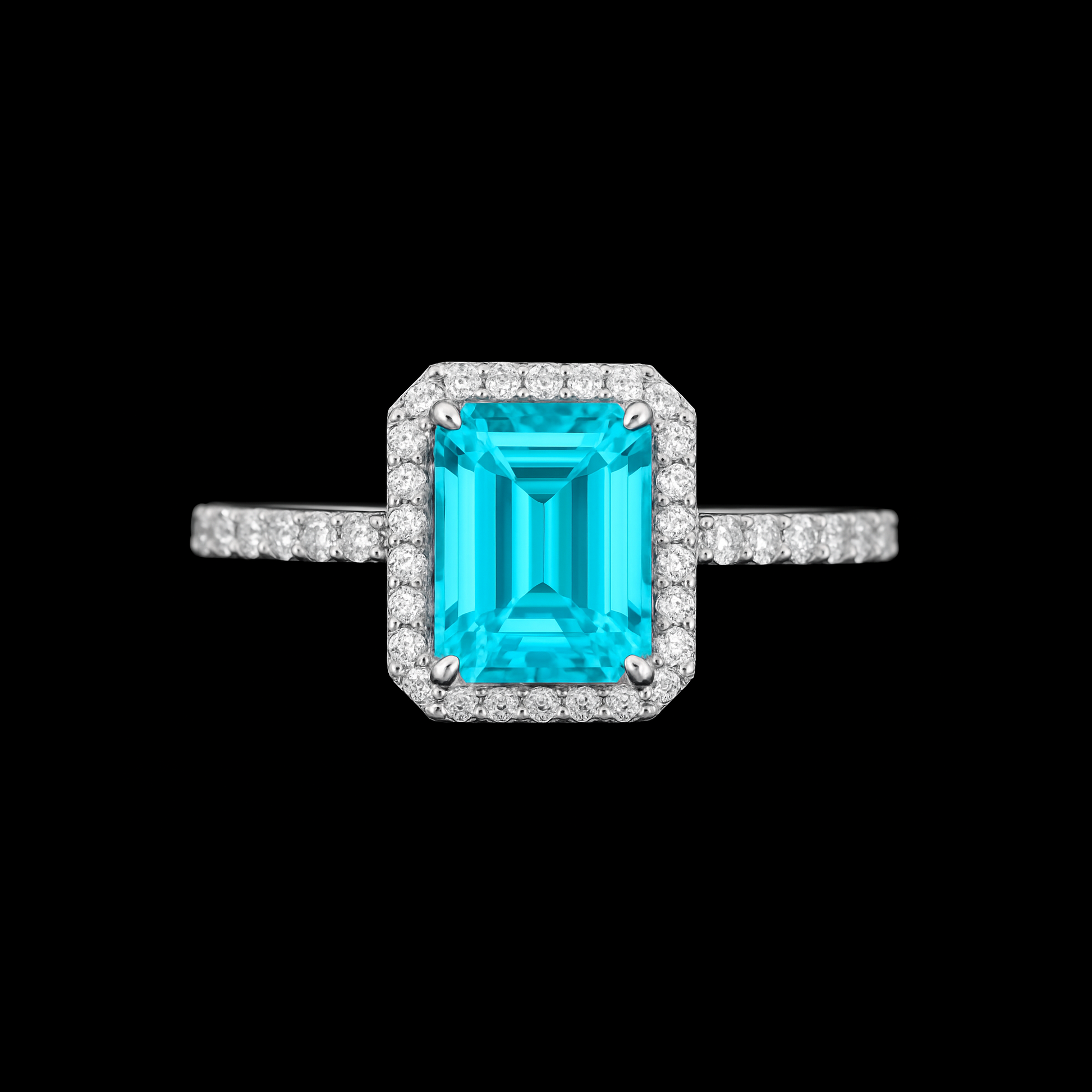 Radiant Cut Aqua Tourmaline with Moissanite Diamond Halo and Pave Sterling Silver Ring