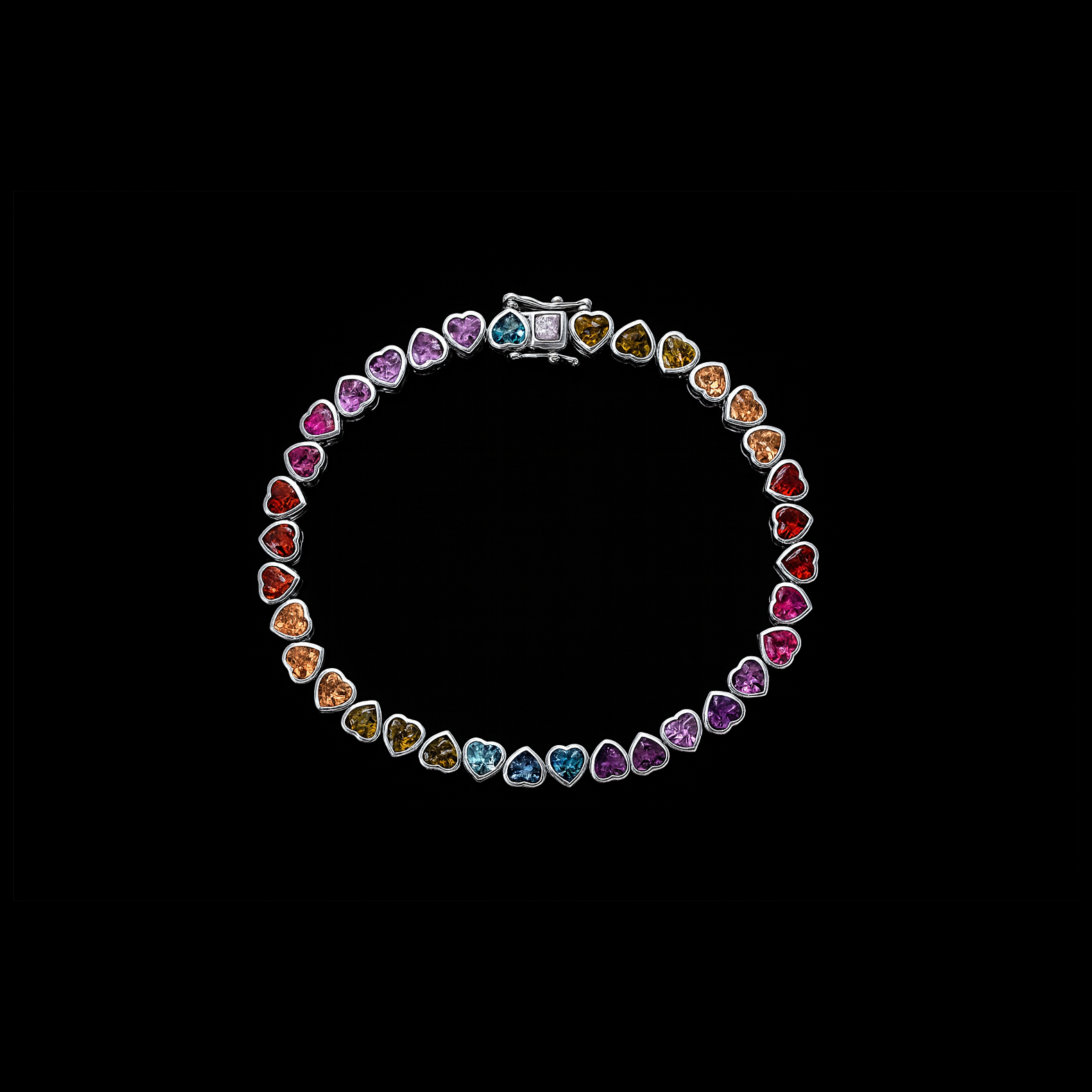 Rainbow Heart Gemstone Tennis Bracelet - Sterling Silver Multi-Color CZ