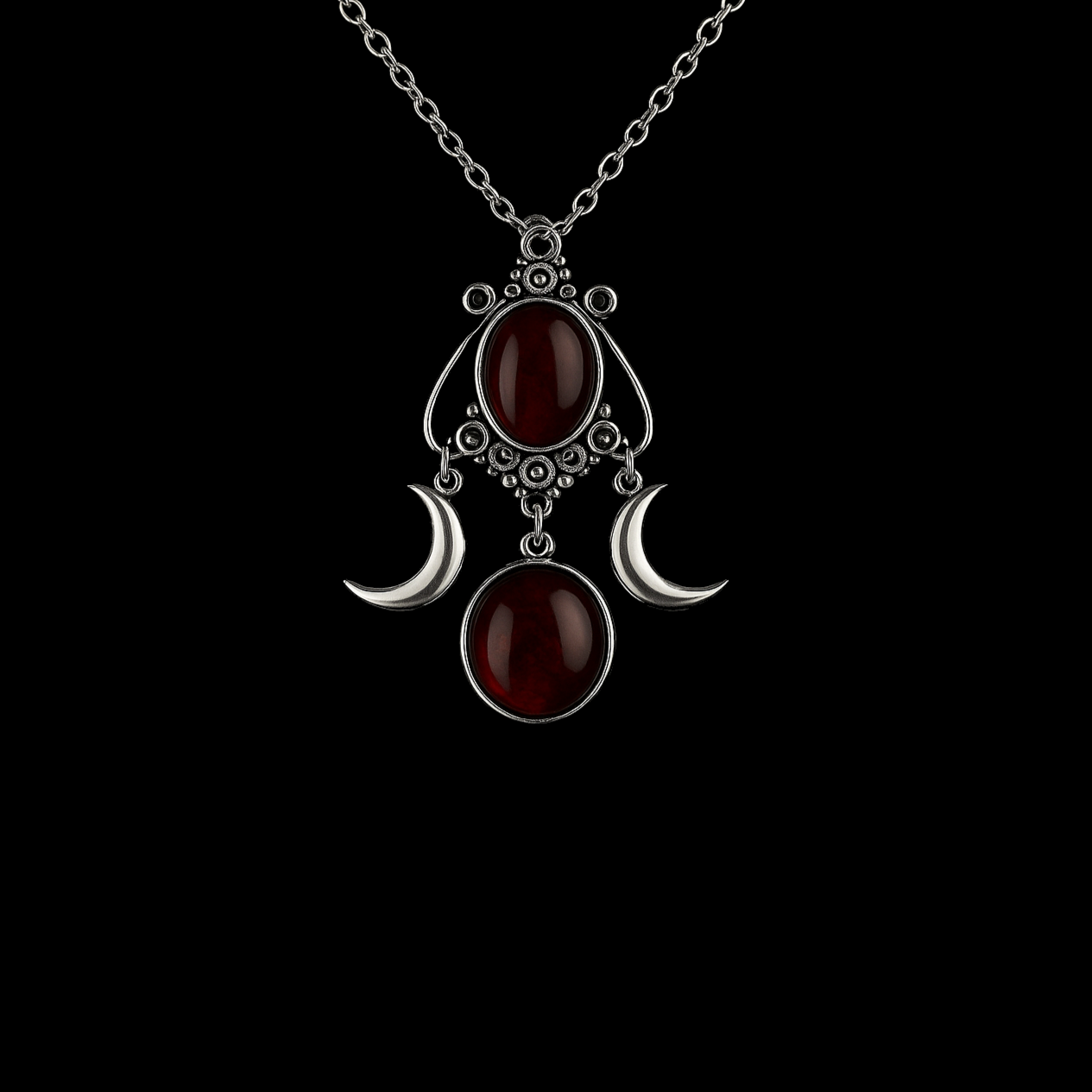 Triple Moon Red onyx Silver Pendant Necklace