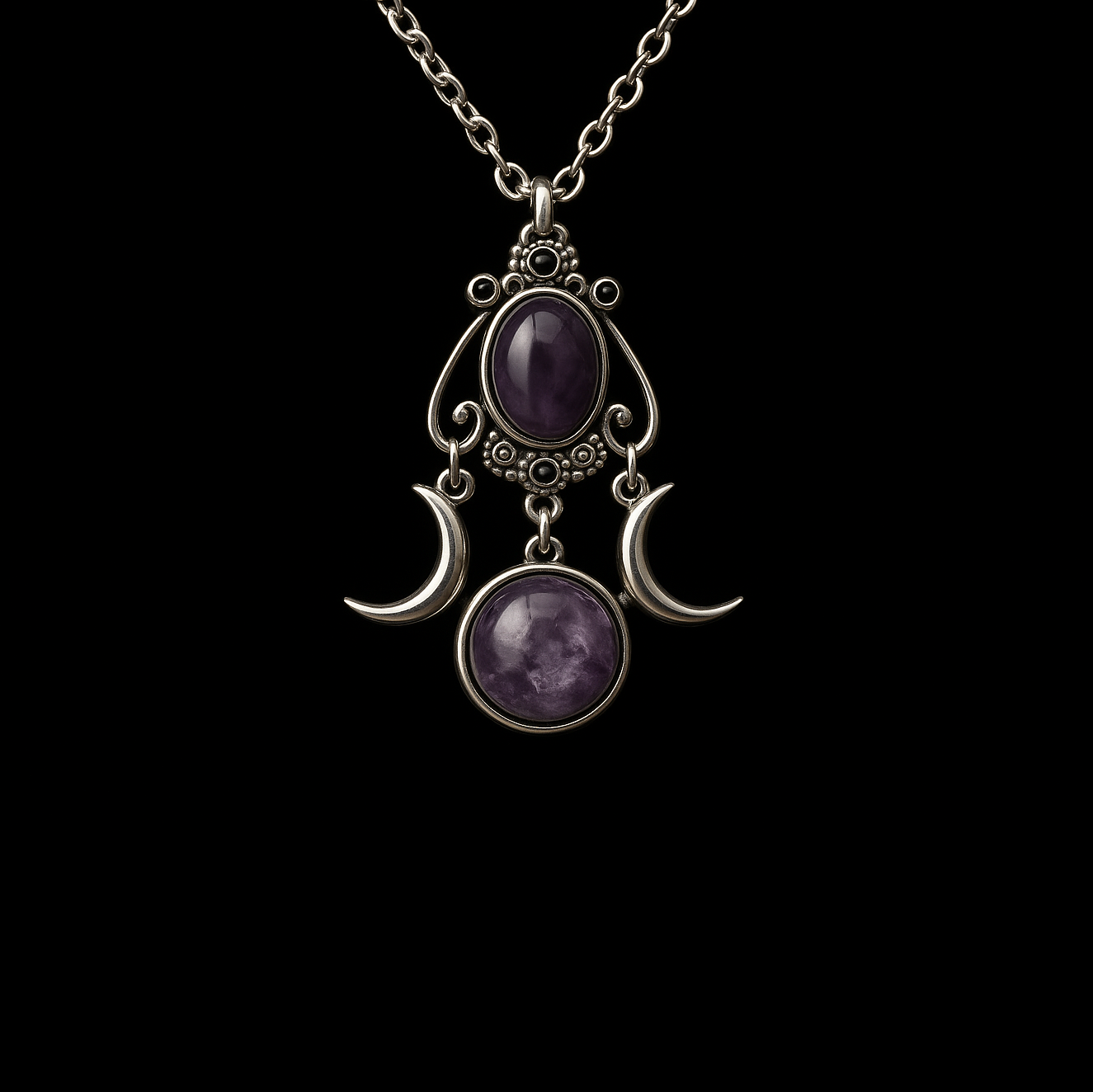 Triple Moon Amethyst Silver Pendant Necklace