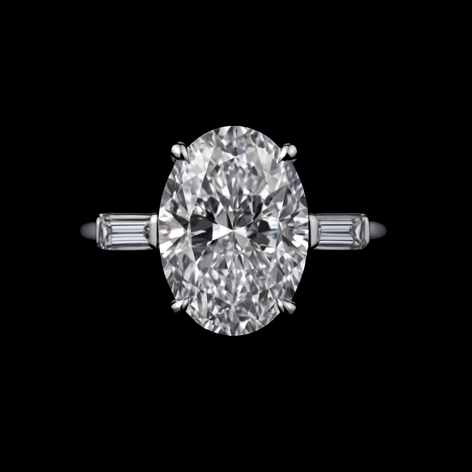 3ct Oval Cut Moissanite Diamond with Baguette Shoulder Stones Sterling Silver Engagement Ring