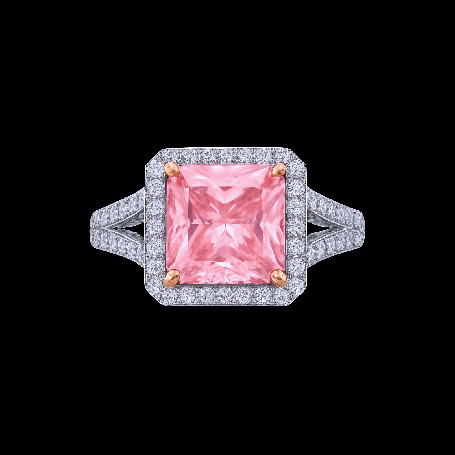 Radiant Cut Pink Tourmaline Moissanite Halo Sterling Silver Ring