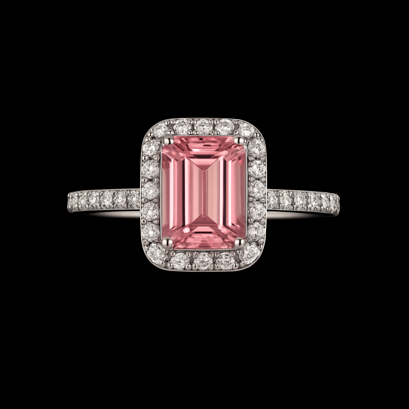 Pink Tourmaline Radiant Cut Moissanite Halo Sterling Silver Ring
