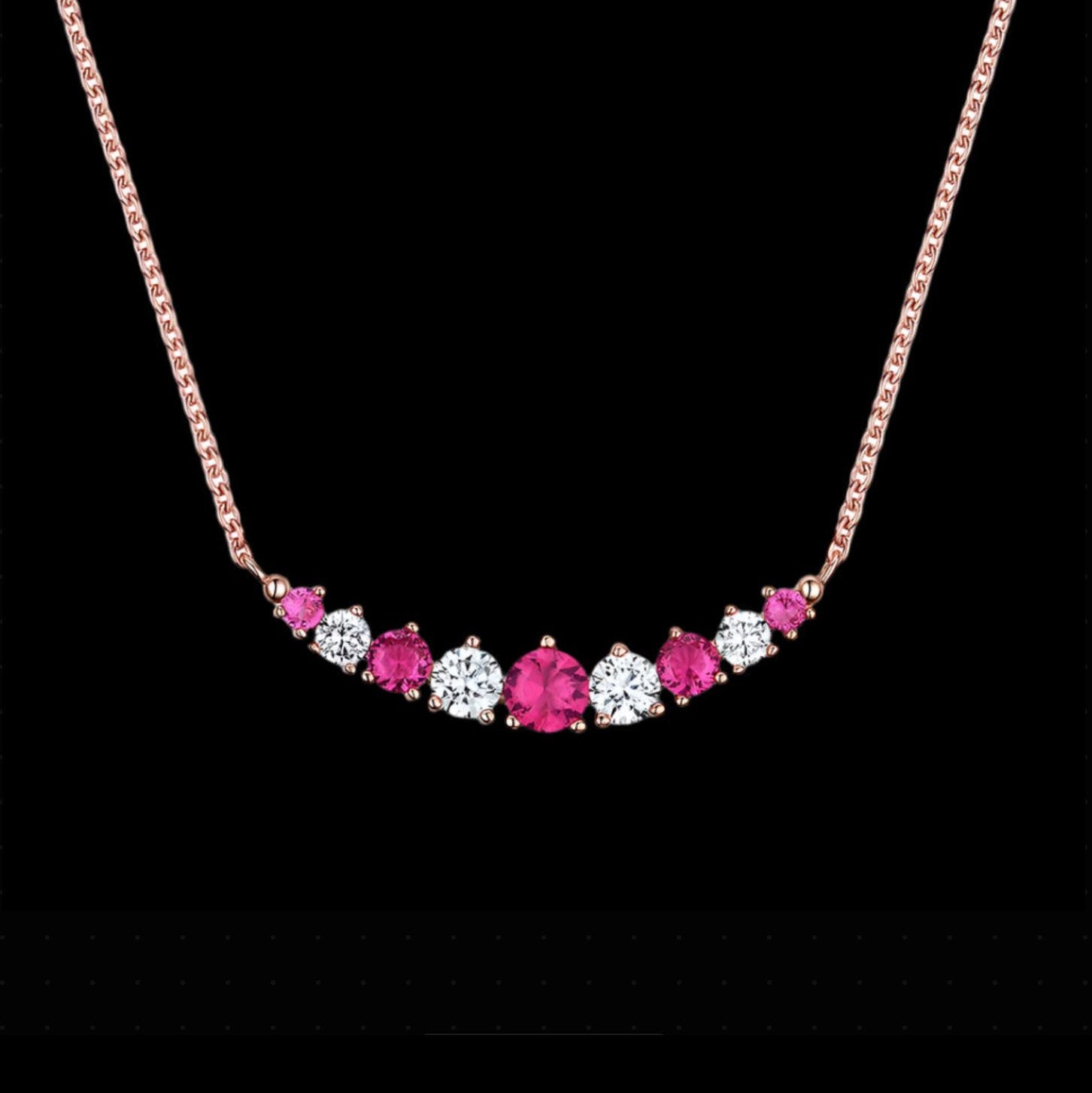 Round Cut Pink Topaz and Moissanite 9 Stone Rose Gold Necklace