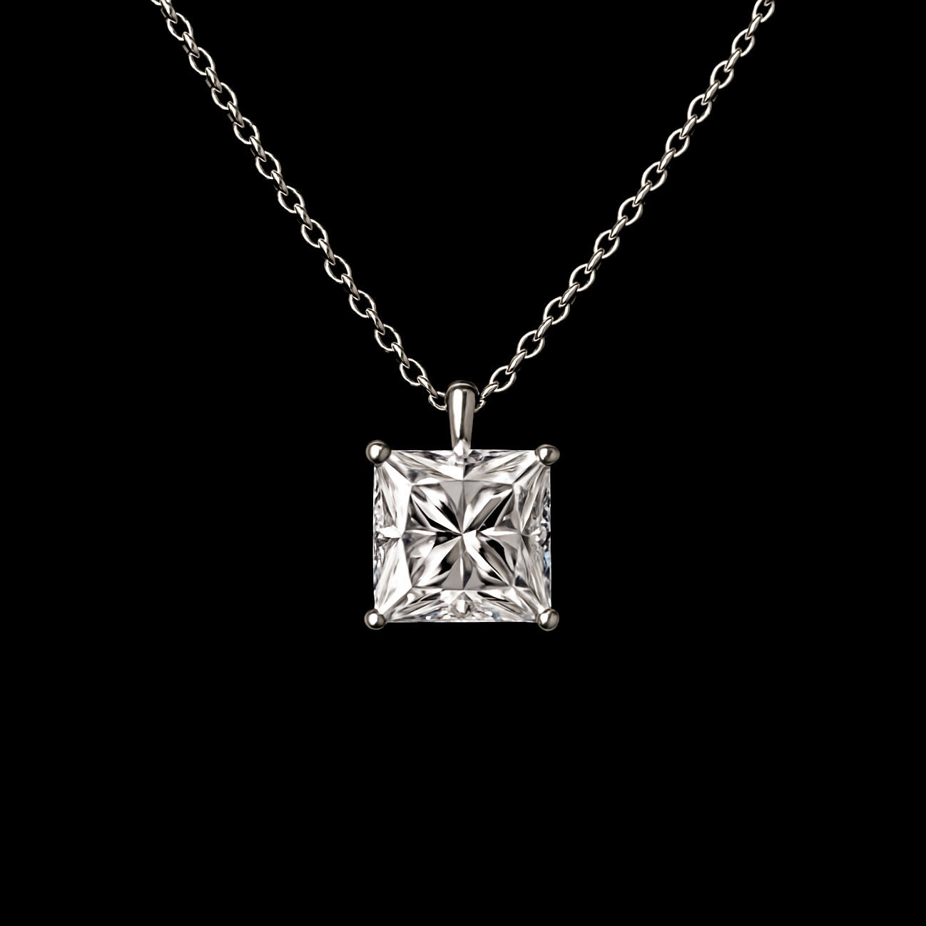 1Ct Princess Cut Moissanite Diamond D Colour VVS1 Grade Pendant 18K White Gold Rhodium Necklace