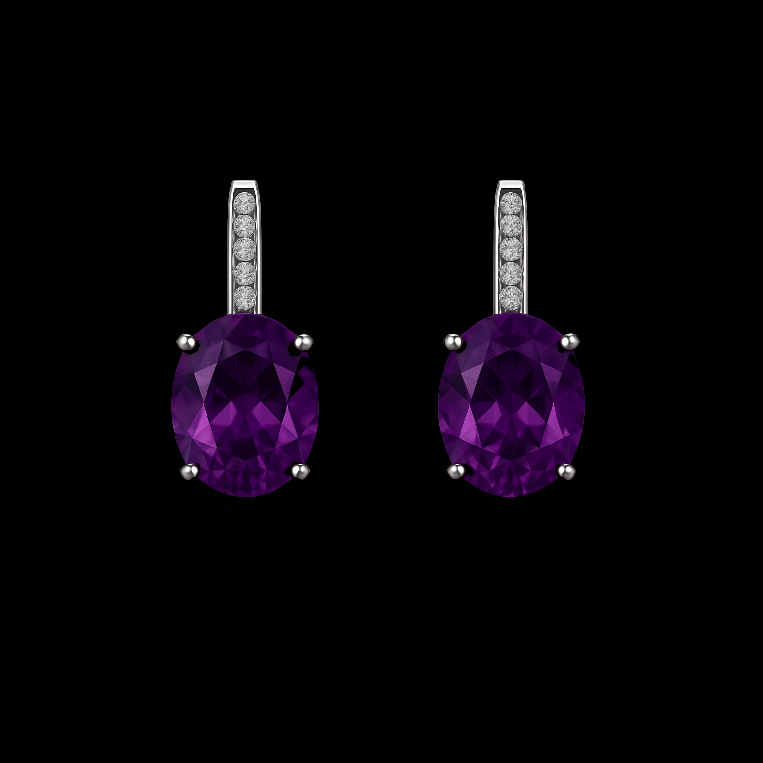 Oval Cut Amethyst with Diamond Bail Sterling Silver Drop Earrings