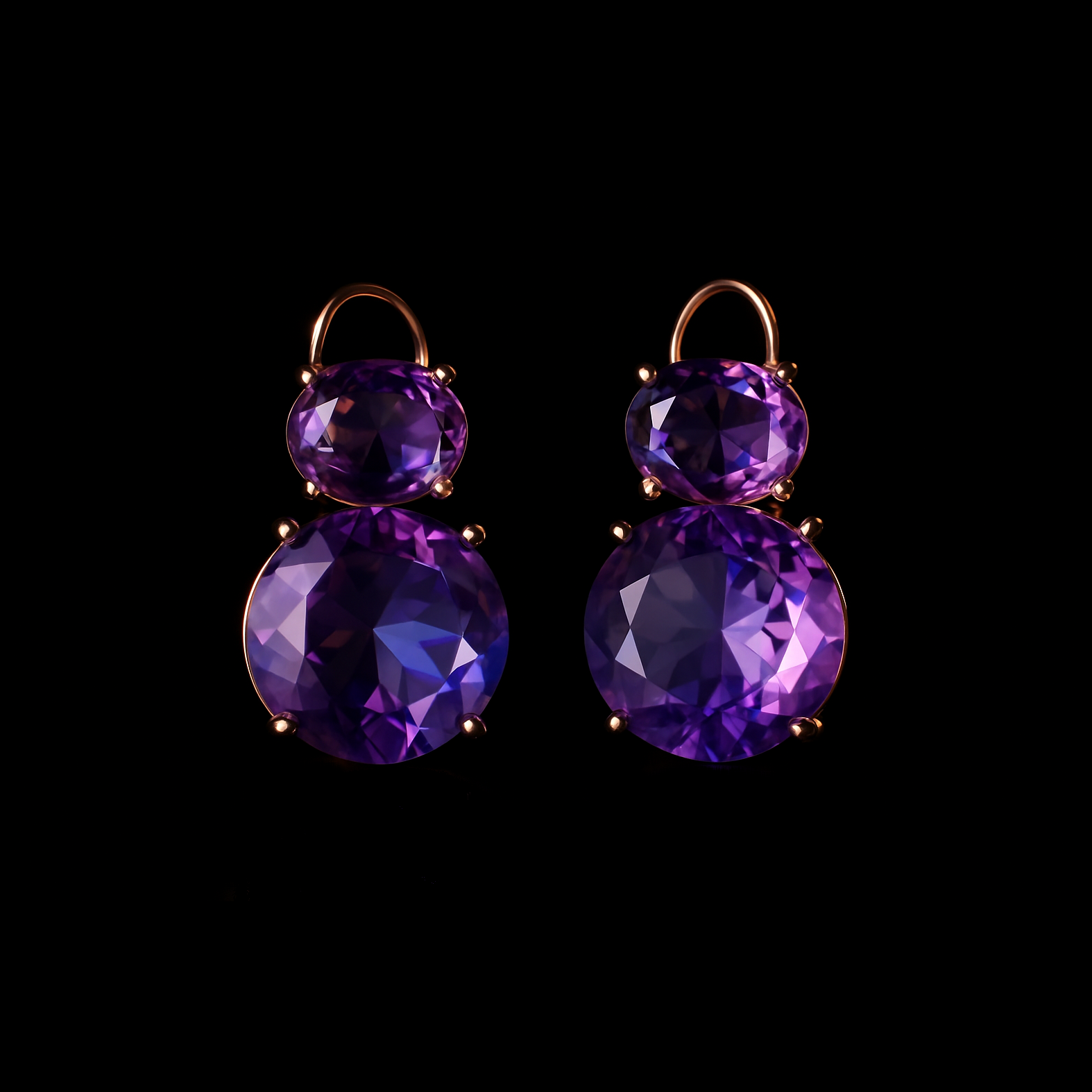 Round Cut Purple and Blue Amethyst Gold Drop Earrings
