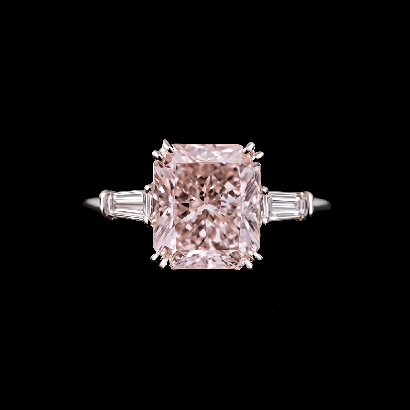 Radiant Cut Pink Tourmaline and Moissanite Baguette Shoulder Sterling Silver Ring