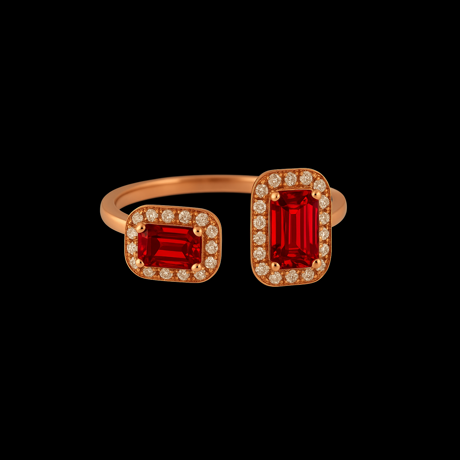 Unique Dual Ruby Moissanite Halo Rose Gold Ring