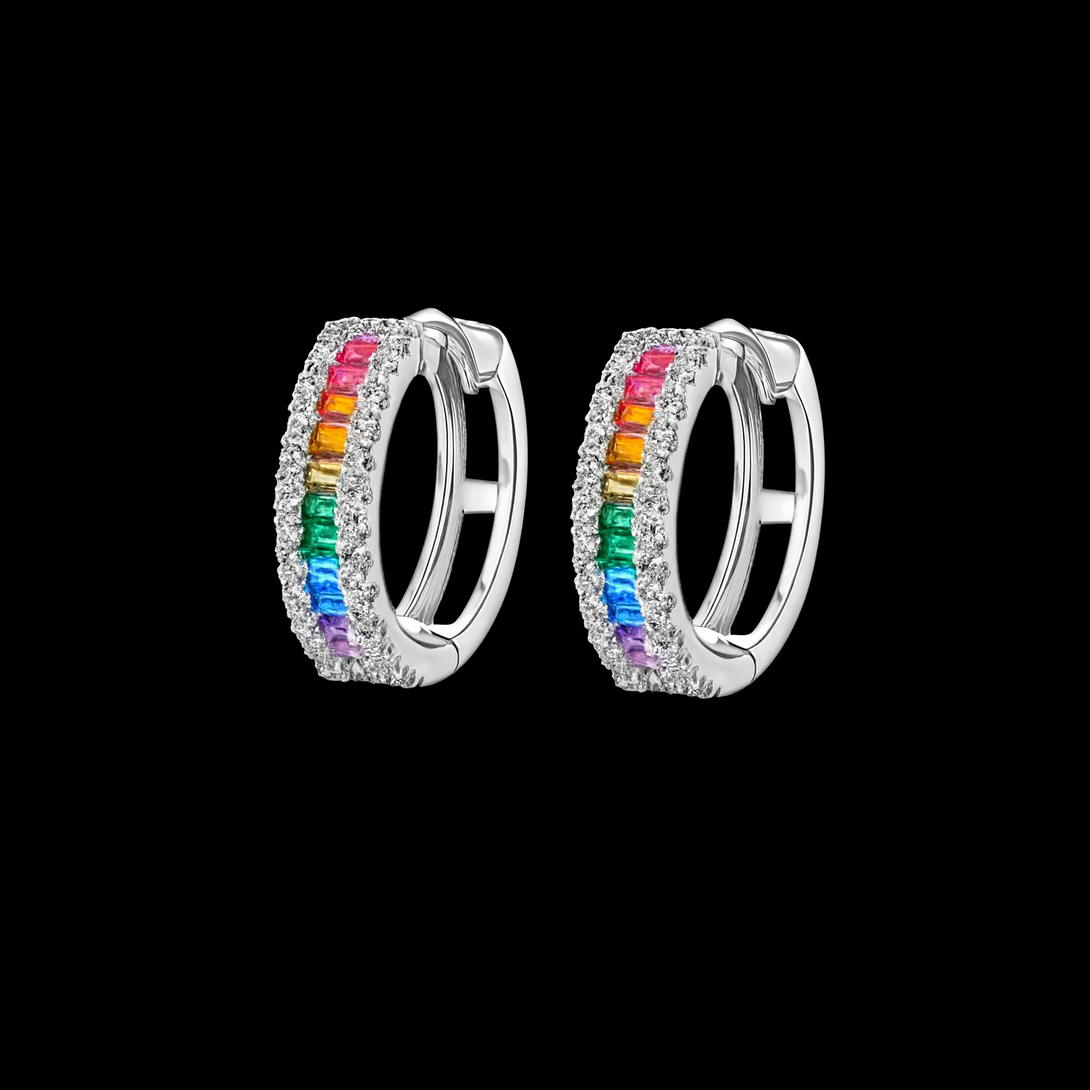 Round Cut Rainbow with Diamond Side Pave Silver Earrings