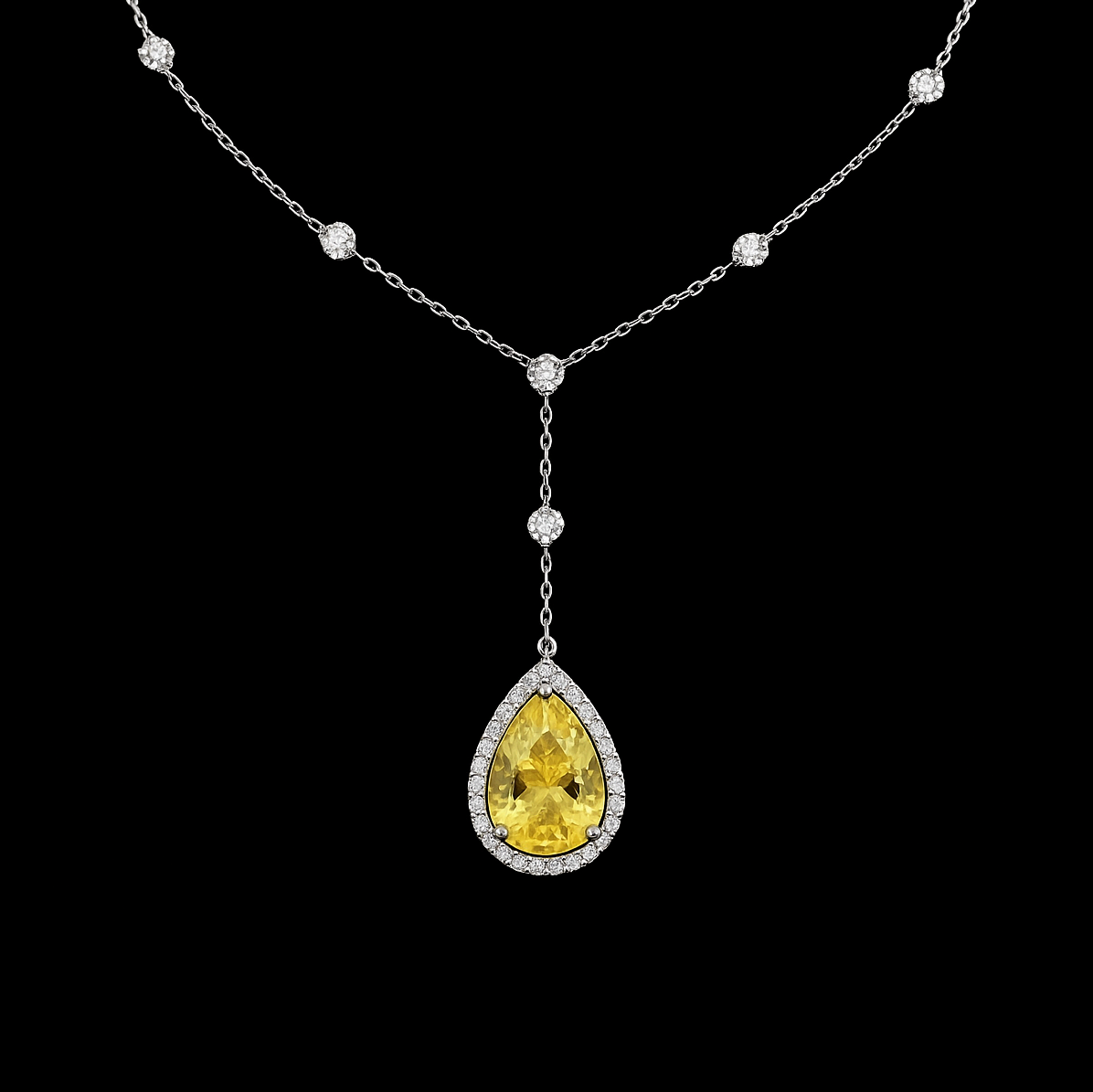 Pear Cut Canary Yellow Topaz Pendant and Moissanite Halo Sterling Silver Necklace