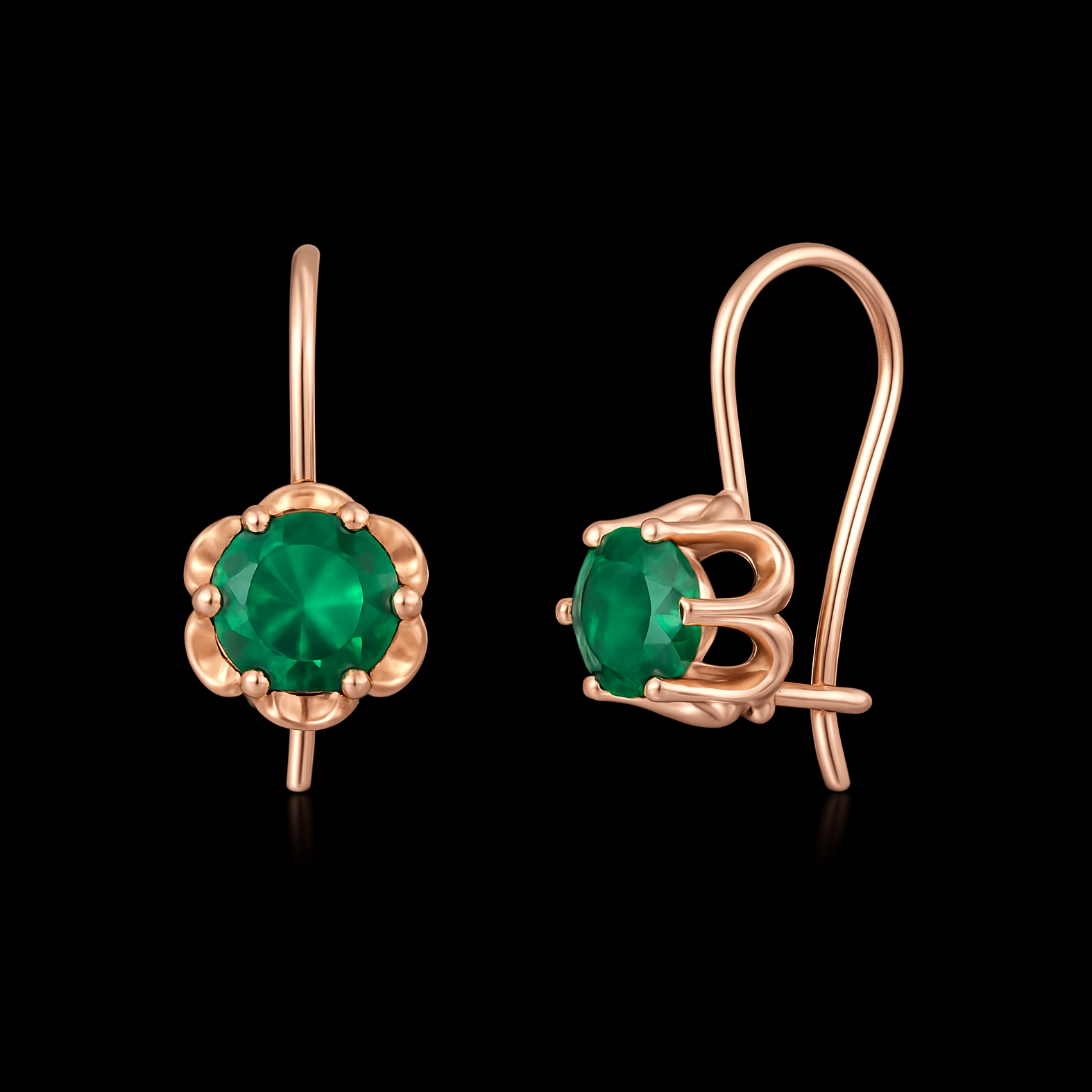 Round Cut Emerald Rose Gold Flower Earrings
