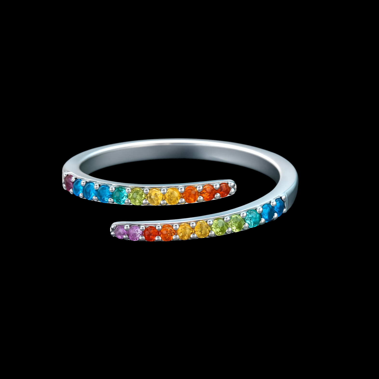 Round Cut Rainbow Carbon Diamond Open Sterling Silver Ring