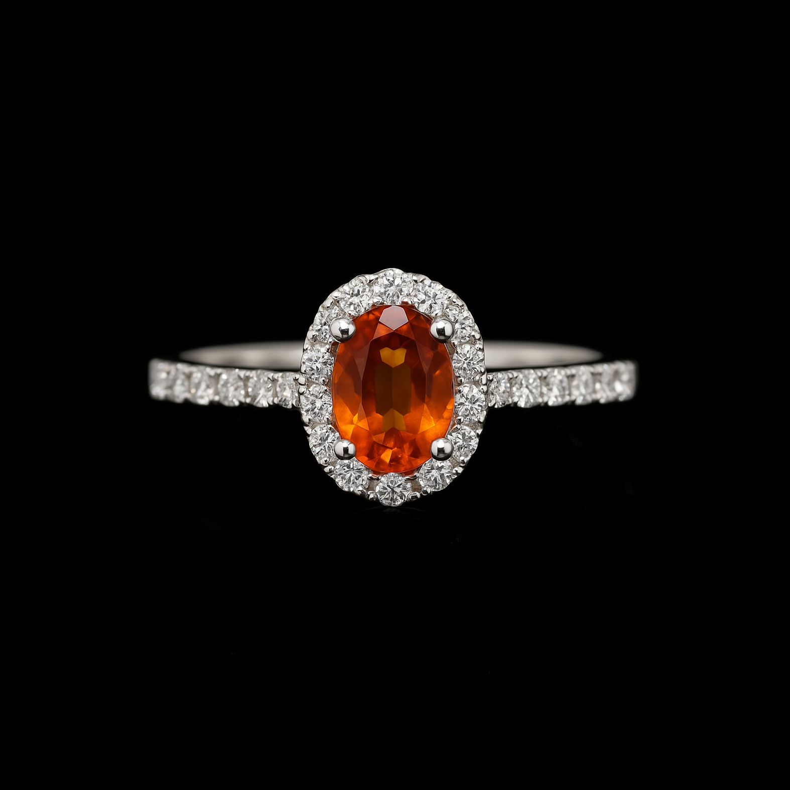 0.5Ct Oval Cut Fanta Garnet  with White Gemstone Halo and Pave 18K Platinum Rhodium Ring