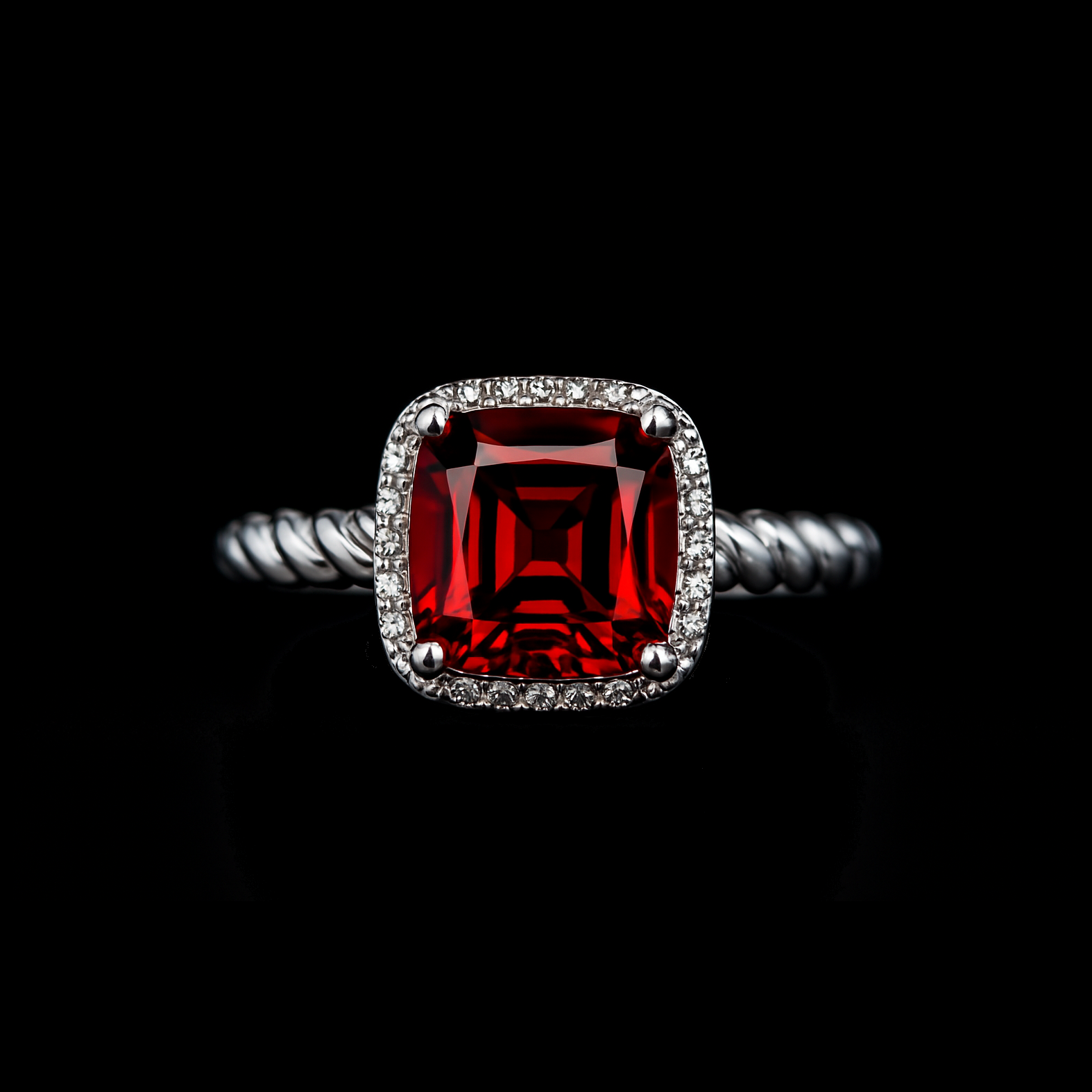 Square Cut Ruby with Moissanite Halo and Spiral Bband Sterling Silver Ring