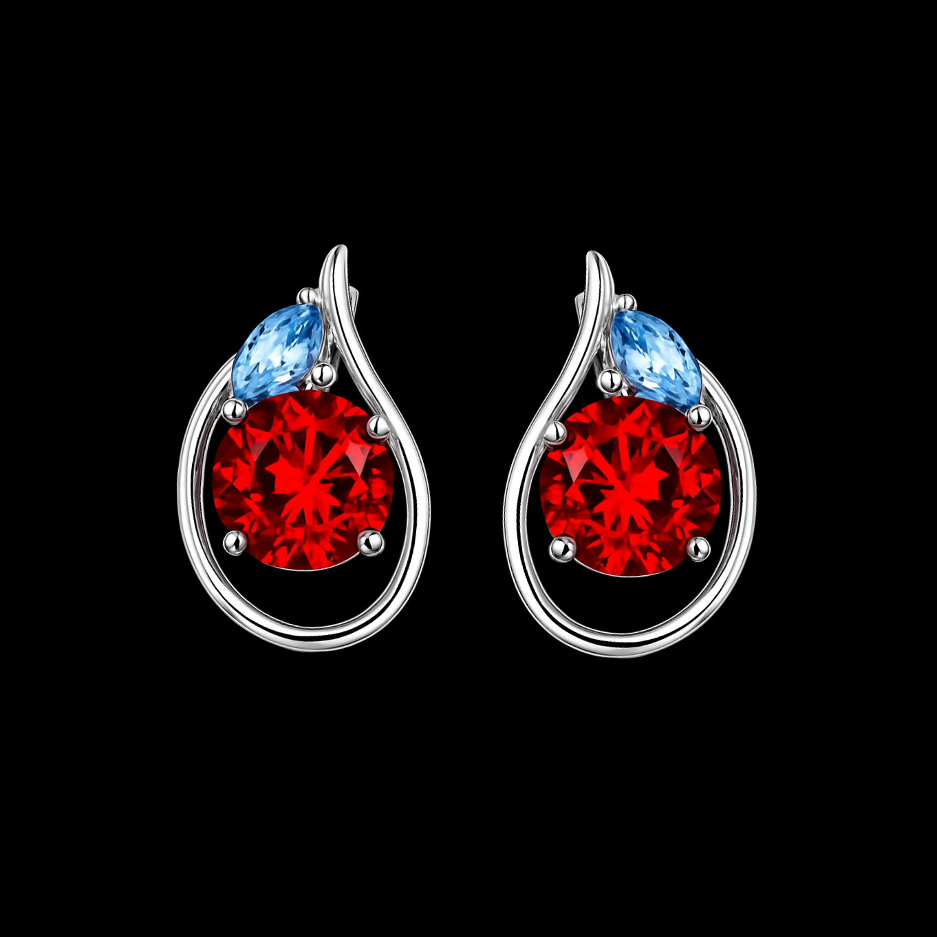 4.6Cts Round Cut Ruby and Marquise Cut Blue Spinel Sterling Silver Earrings