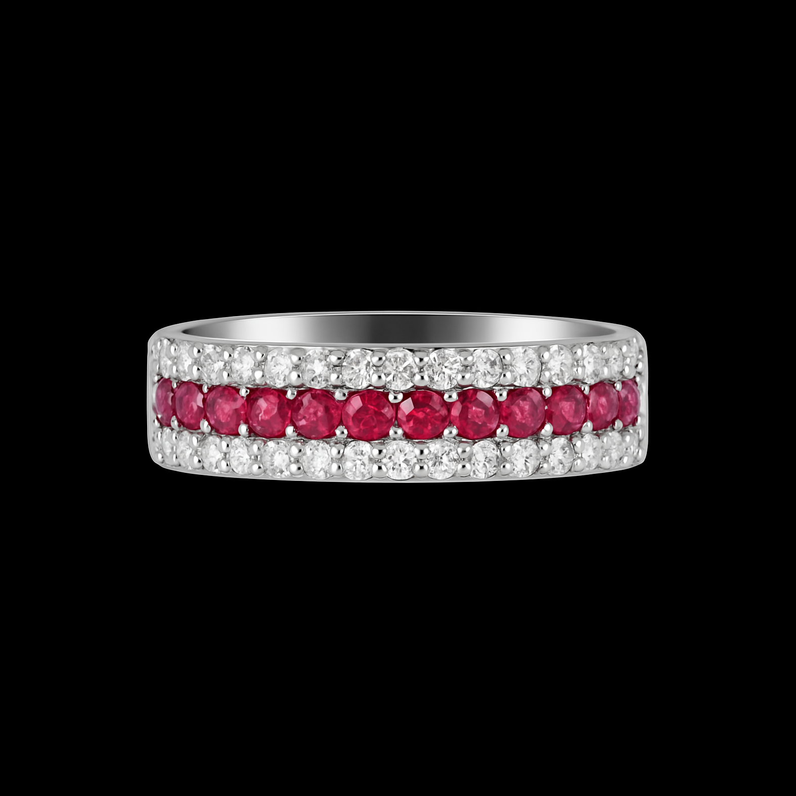 Round Cut Ruby and Moissanite Triple Pave Sterling Silver