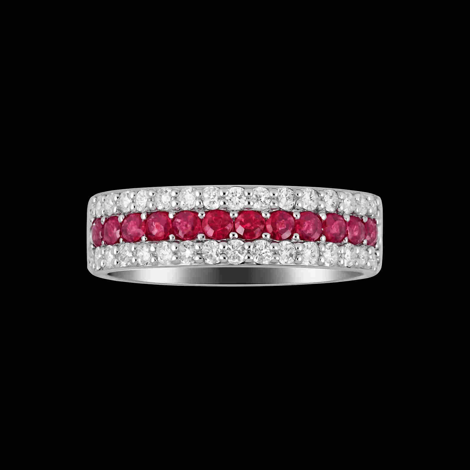 Round Cut Ruby and Moissanite Triple Pave Sterling Silver