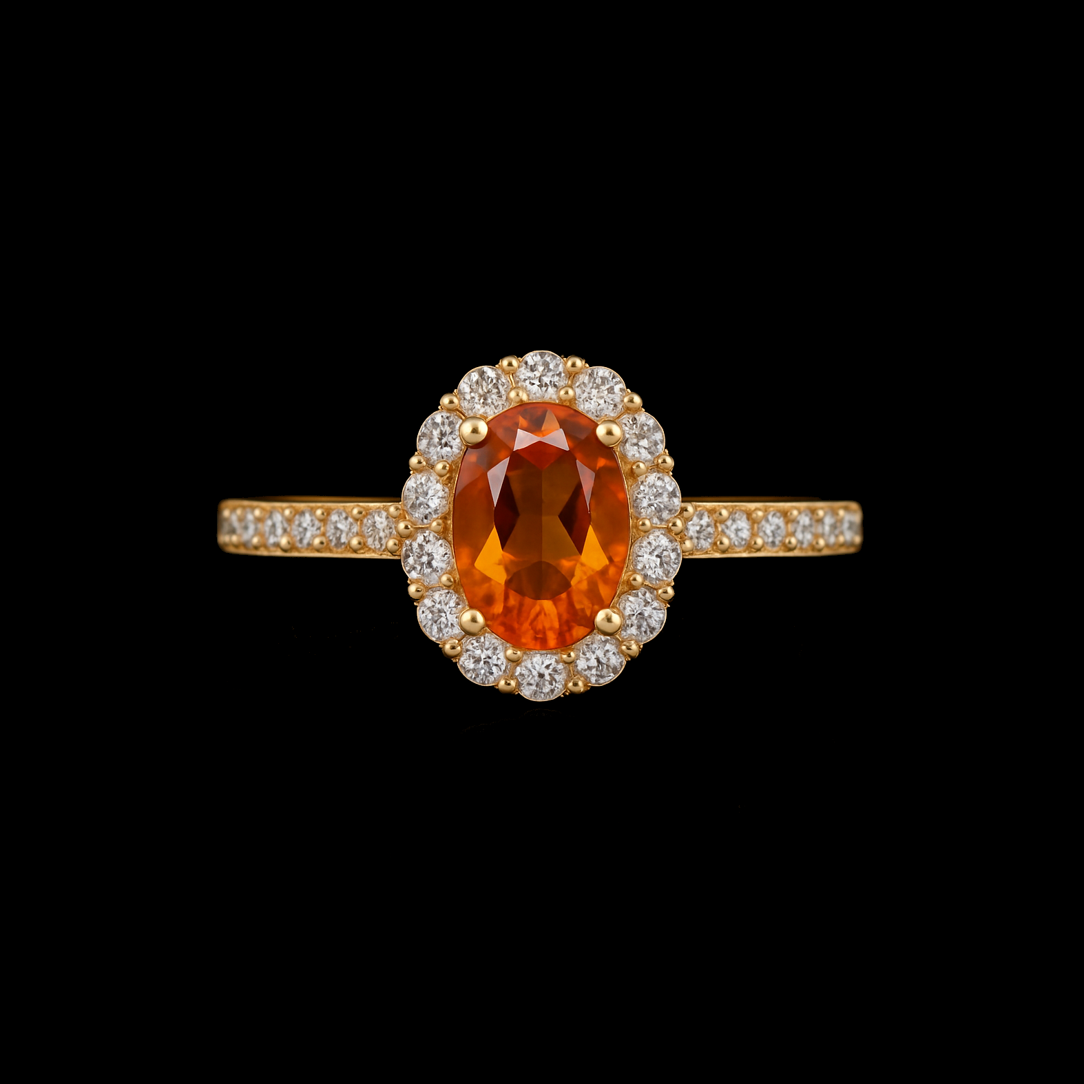 0.5Ct Oval Cut Fanta Garnet  with White Gemstone Halo and Pave 18K Gold Rhodium Ring