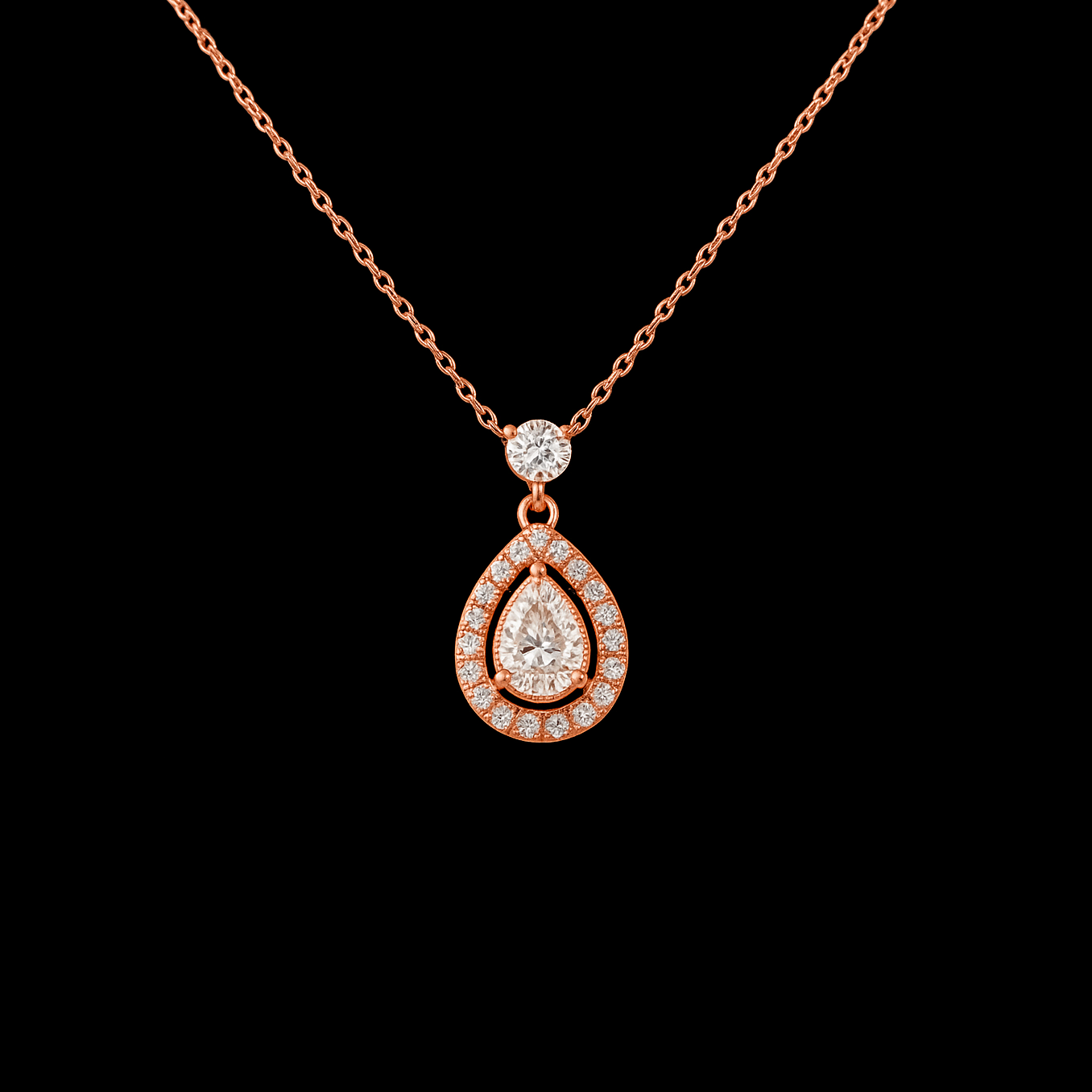Pear Cut Moissanite Diamond with Halo Rose Gold Necklace