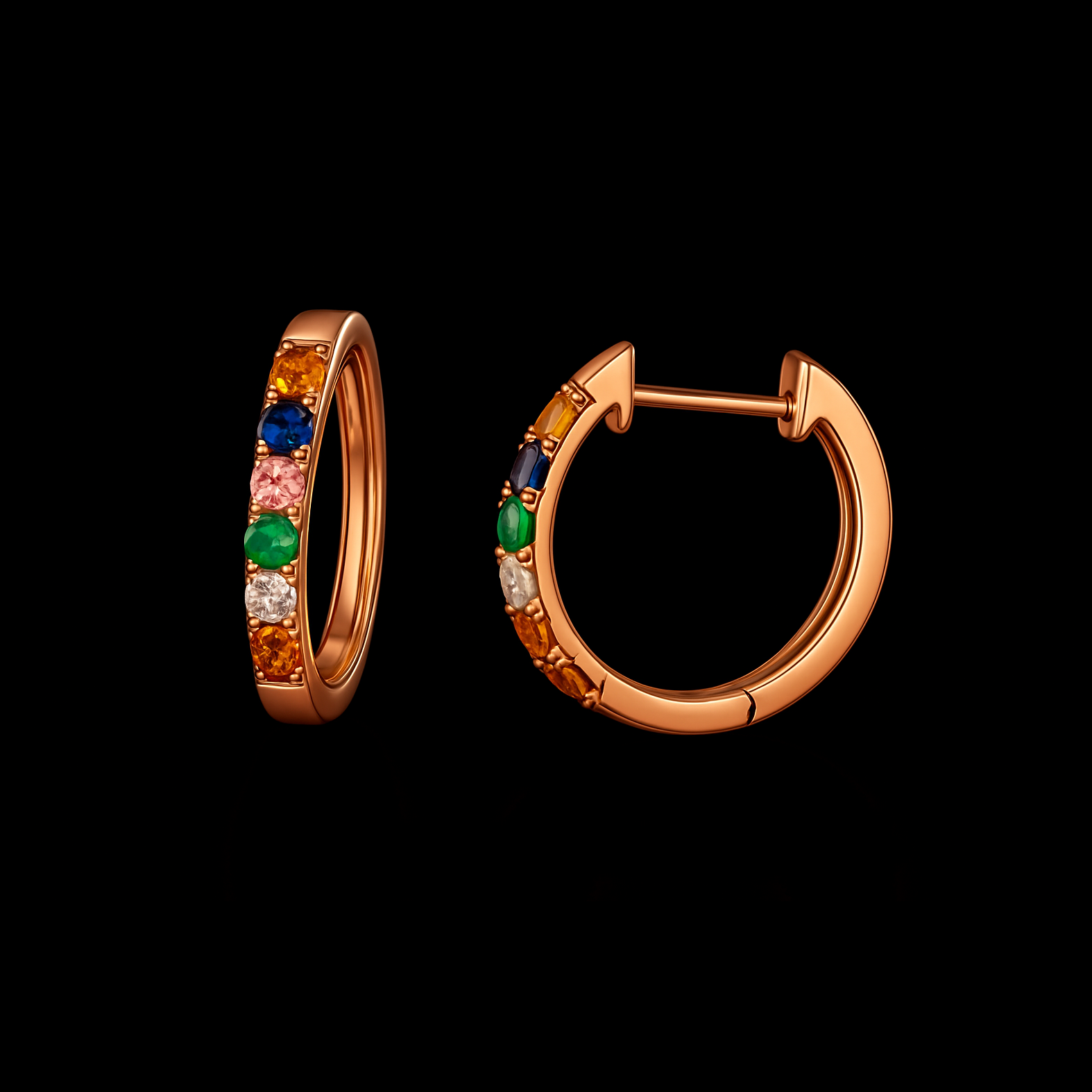 Rainbow Gemstone Rose Gold Huggie Earrings