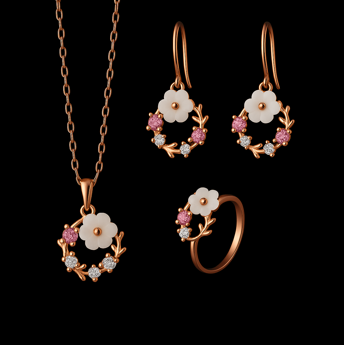 Mother of Pear  and Pink Topaz Floral Rose Gold Jewellery Set - Necklace Earrings and Rings