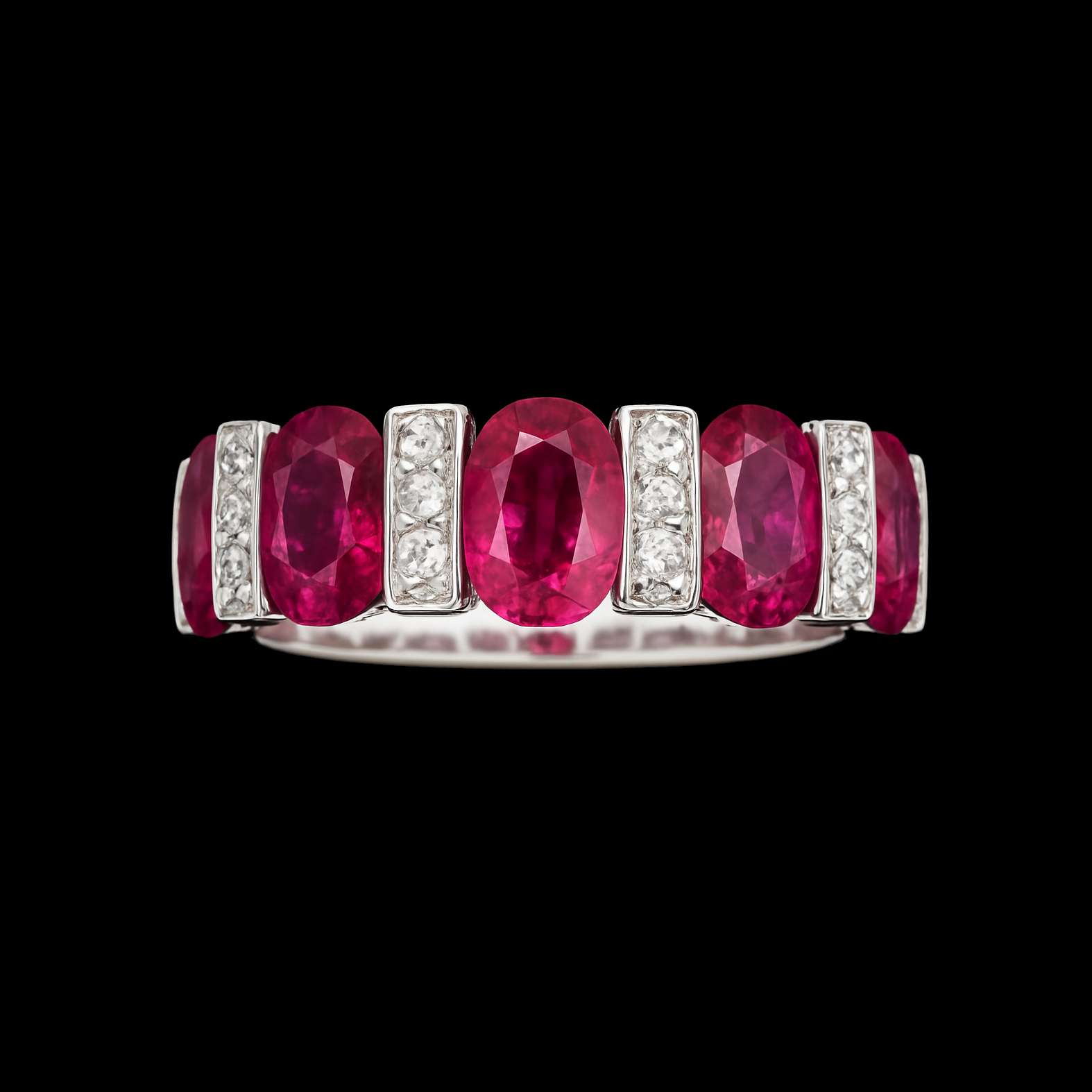 Oval Cut Mozambique Ruby Micro-inlaid Moissanite Diamond Stripe Sterling Silver Ring